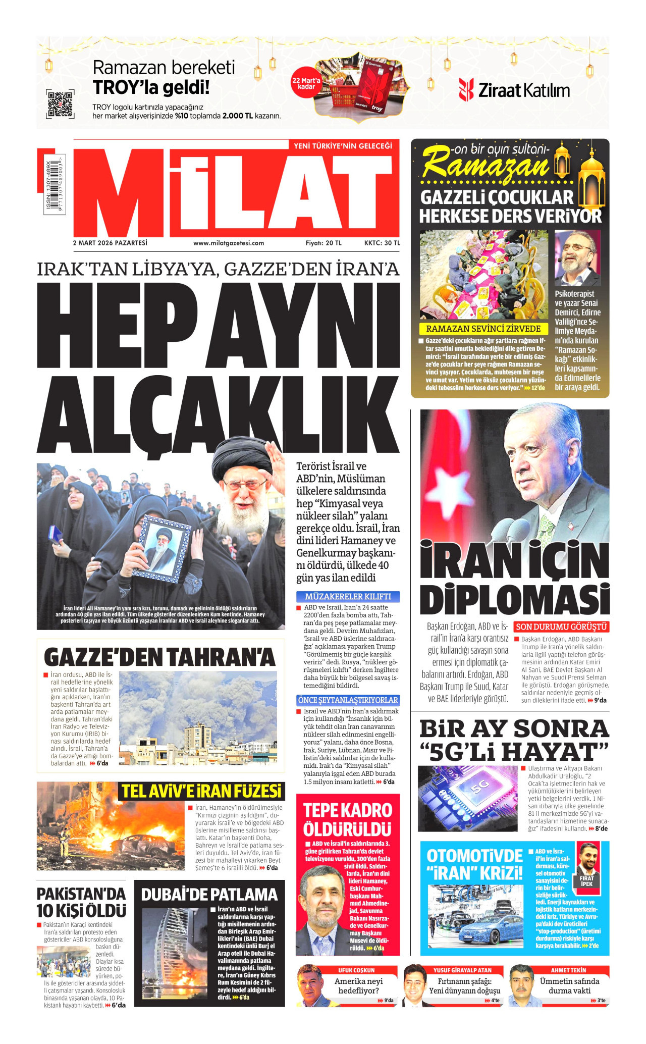 MİLAT gazetesinin 2 Mart 2026 tarihli birinci sayfası