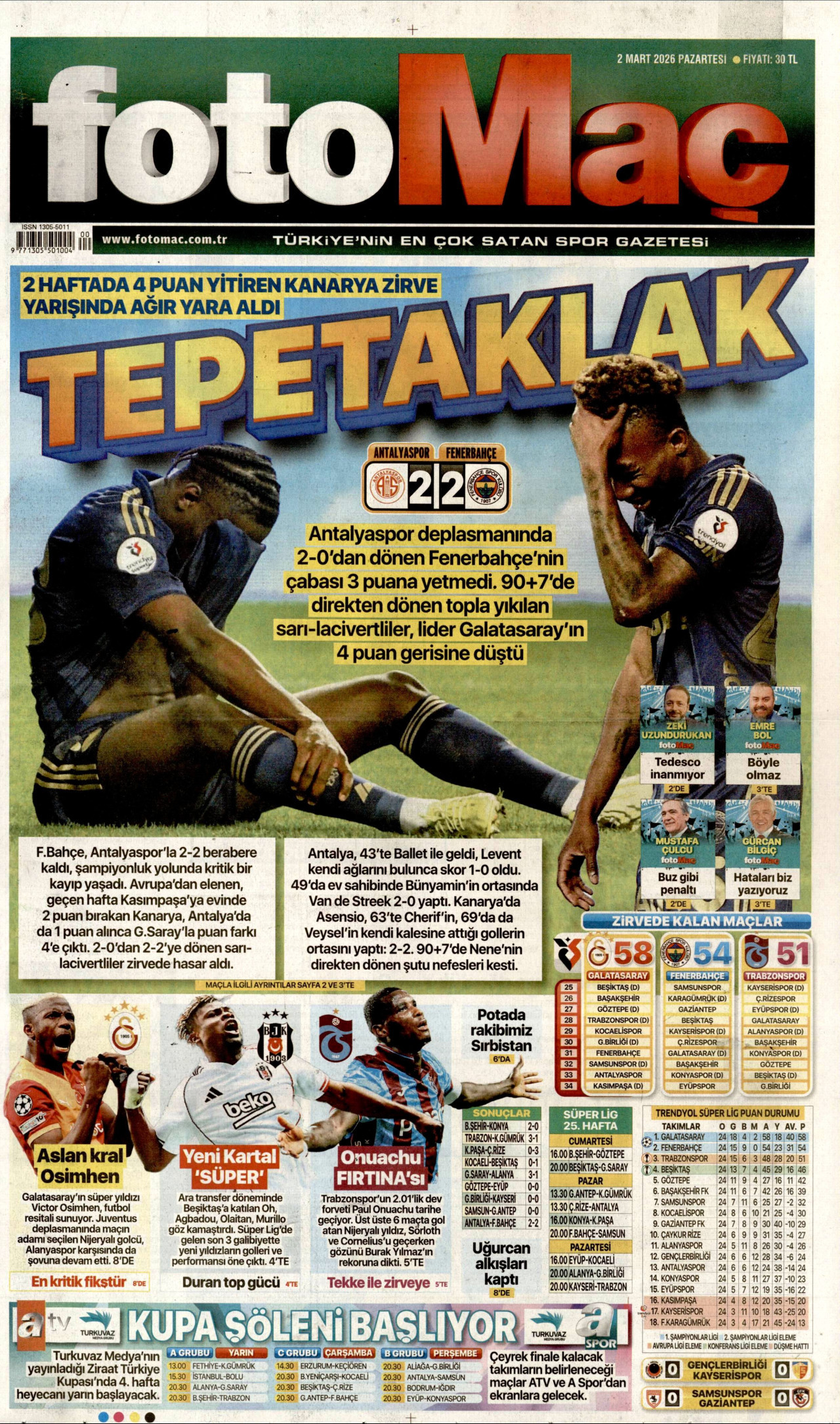 FOTOMAÇ gazetesinin 2 Mart 2026 tarihli birinci sayfası