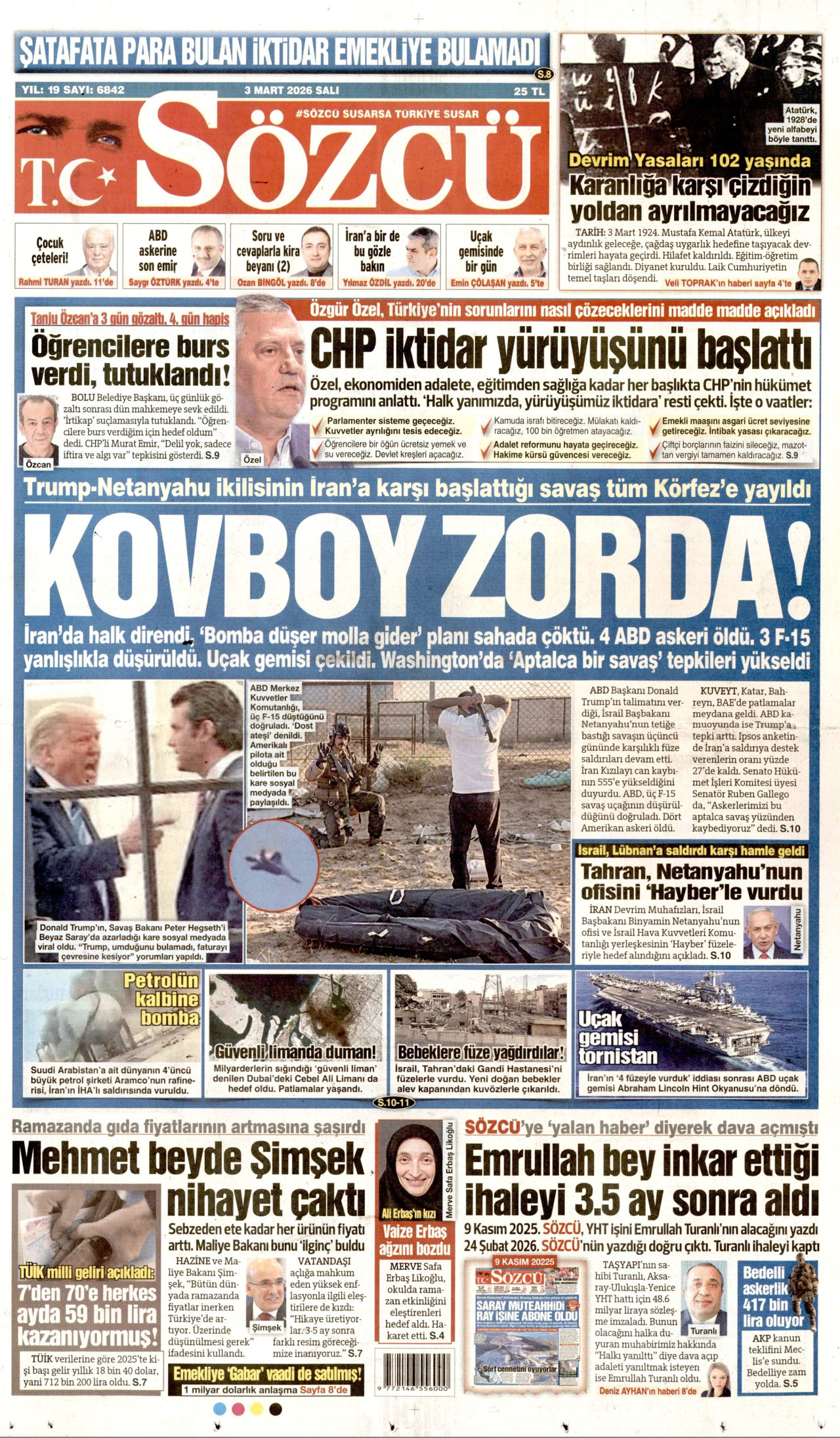 SÖZCÜ gazetesinin 3 Mart 2026 tarihli birinci sayfası