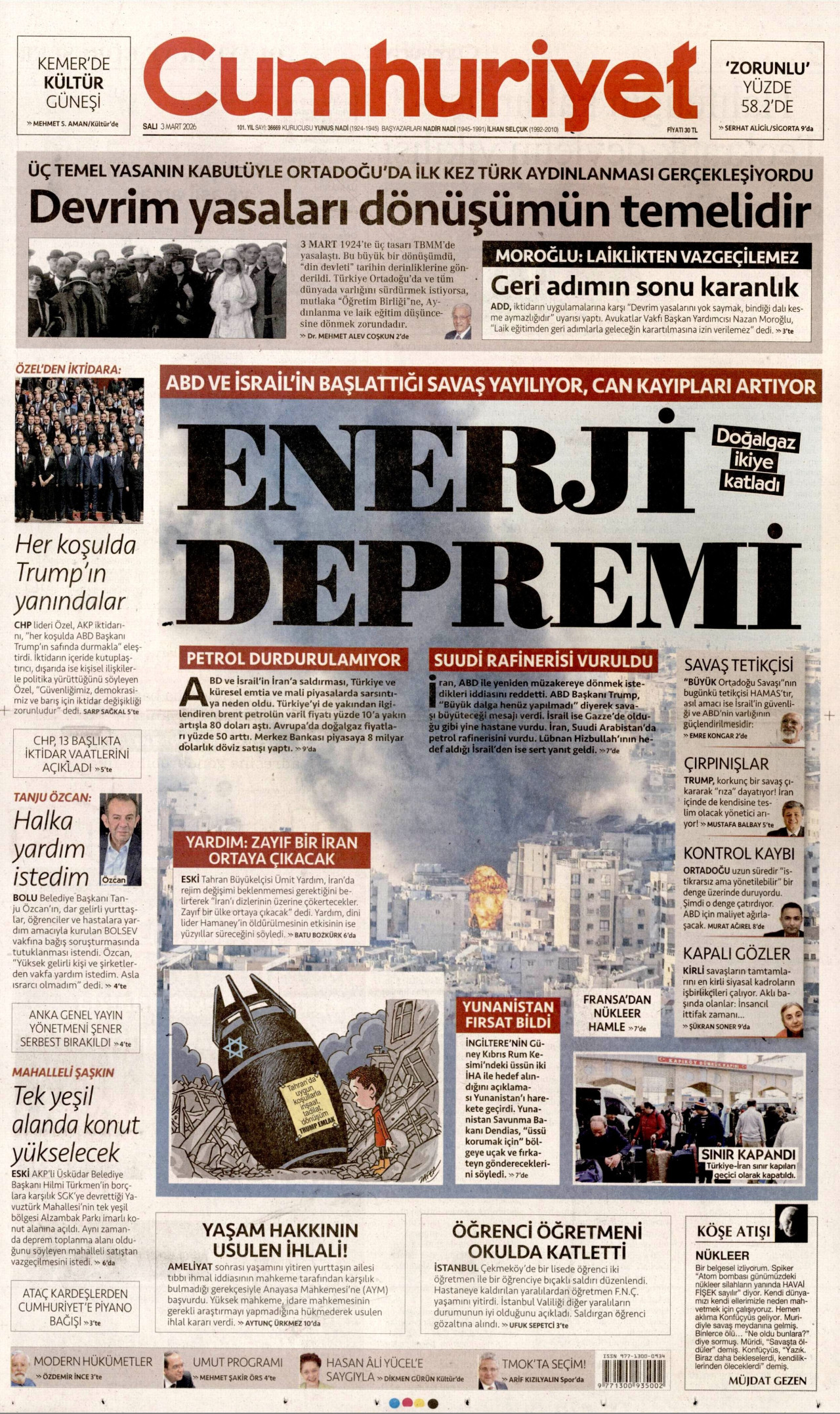 CUMHURİYET gazetesinin 3 Mart 2026 tarihli birinci sayfası