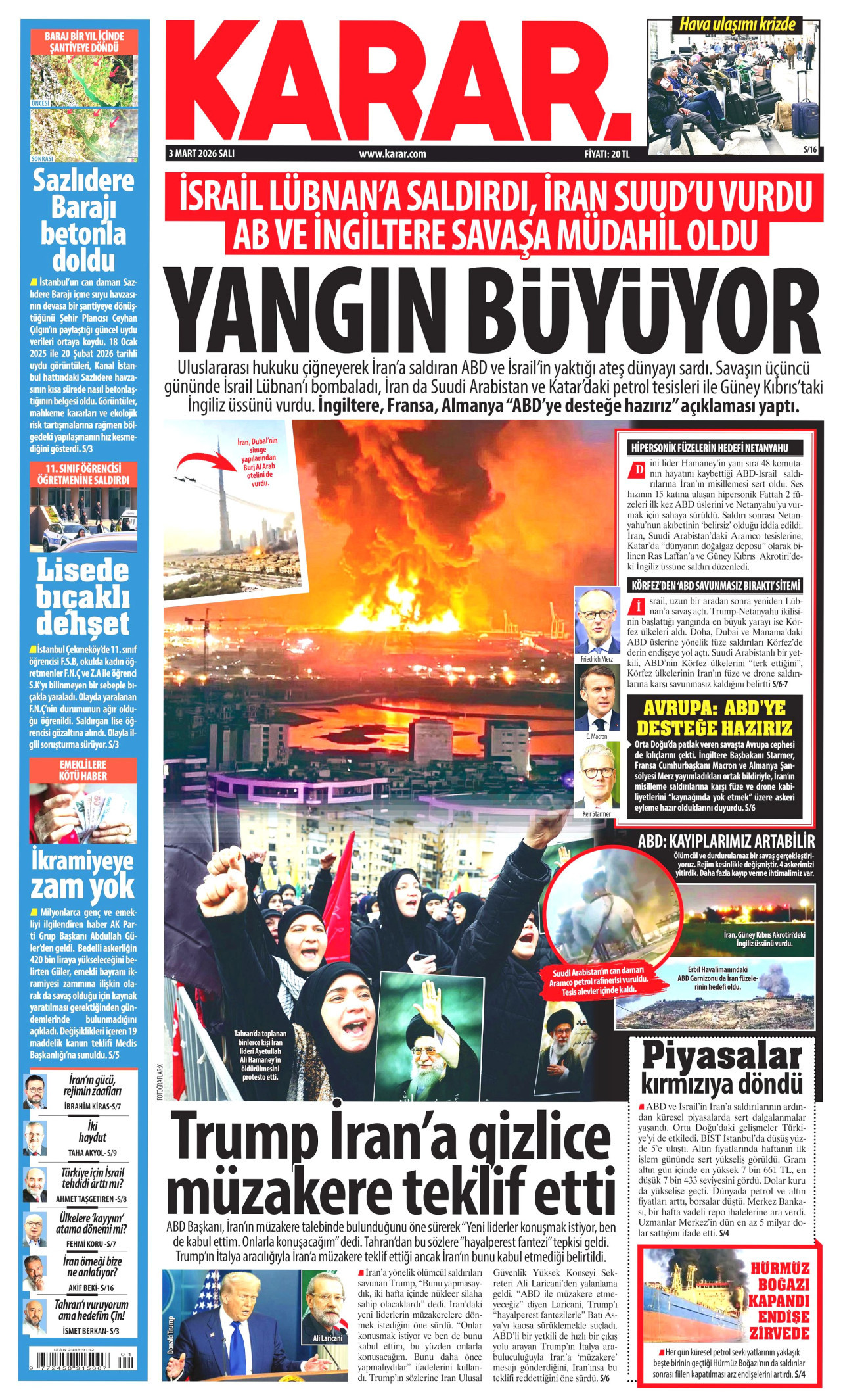 KARAR gazetesinin 3 Mart 2026 tarihli birinci sayfası