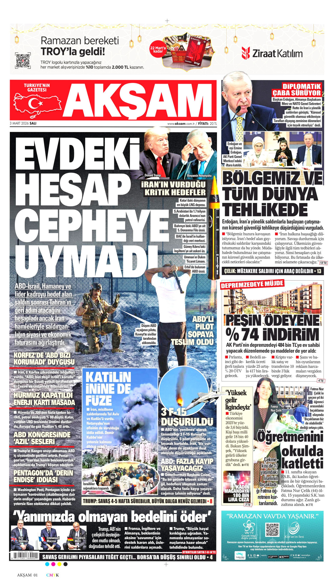 AKŞAM gazetesinin 3 Mart 2026 tarihli birinci sayfası