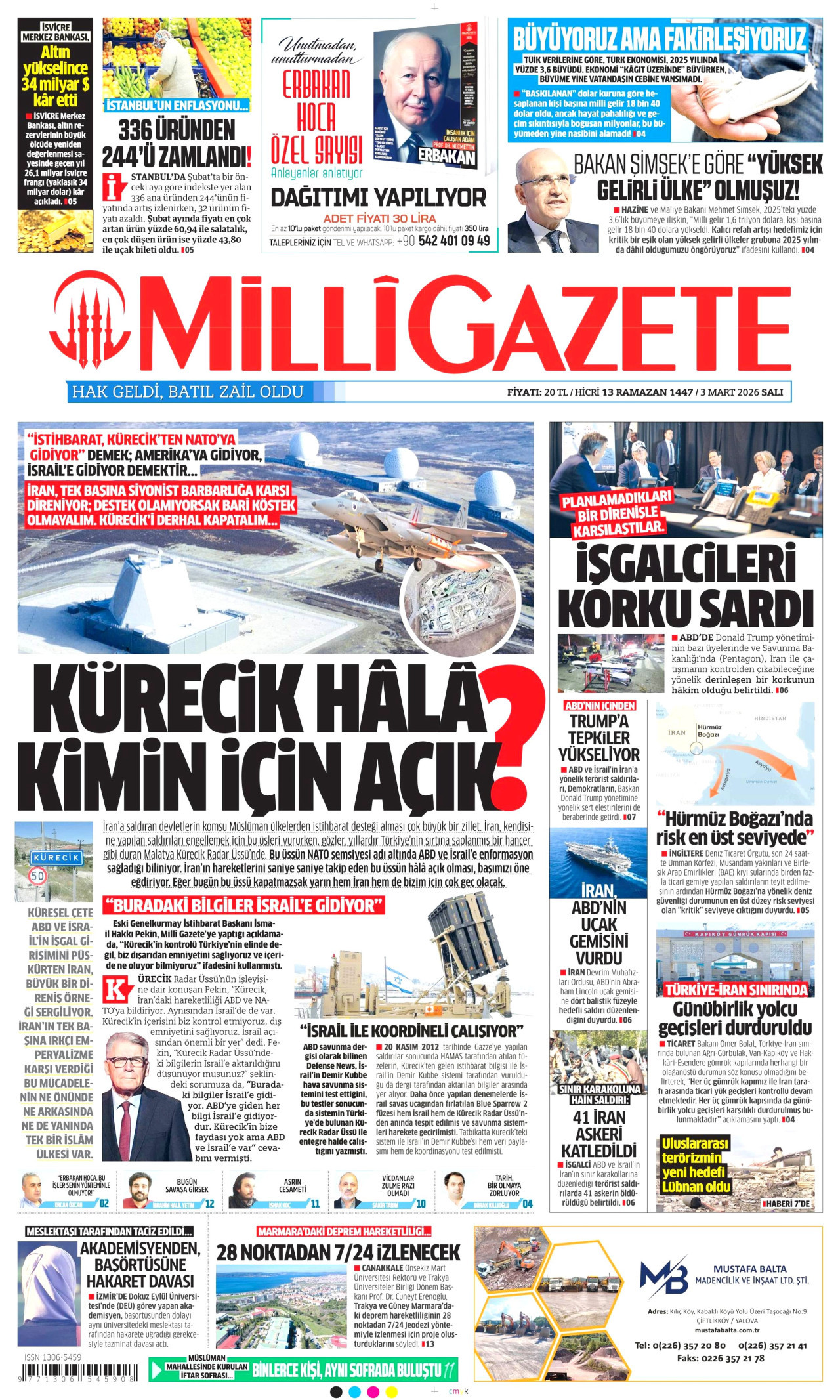 MİLLİ GAZETE gazetesinin 3 Mart 2026 tarihli birinci sayfası