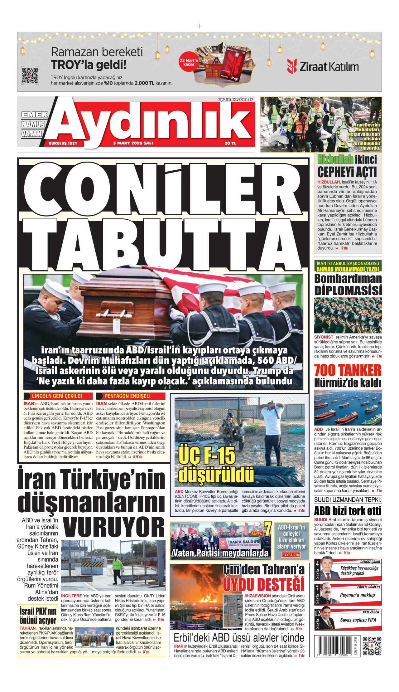 AYDINLIK GAZETESİ gazetesinin 3 Mart 2026 tarihli birinci sayfası