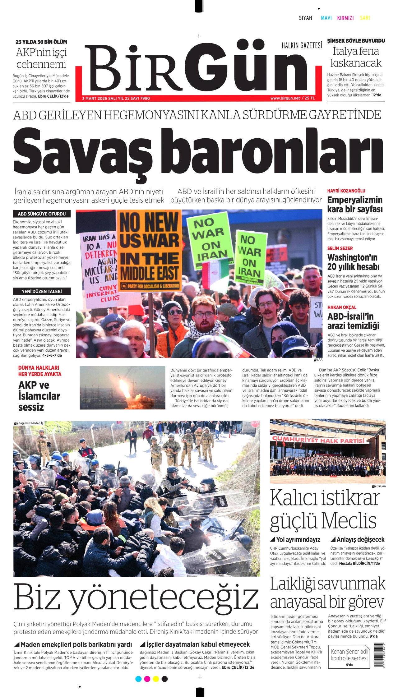 BİRGÜN gazetesinin 3 Mart 2026 tarihli birinci sayfası