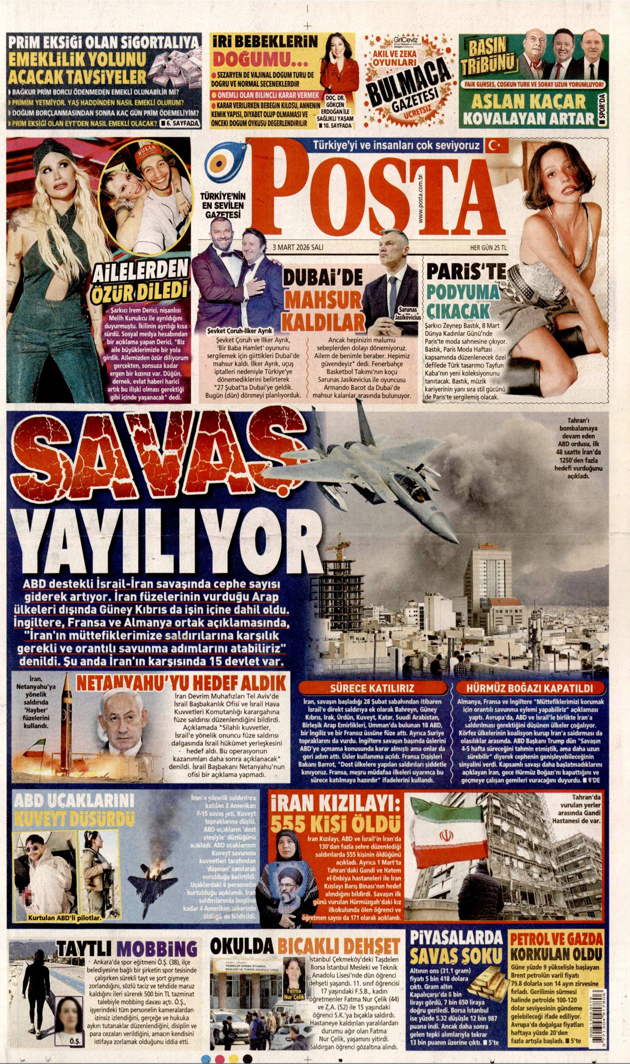 POSTA gazetesinin 3 Mart 2026 tarihli birinci sayfası