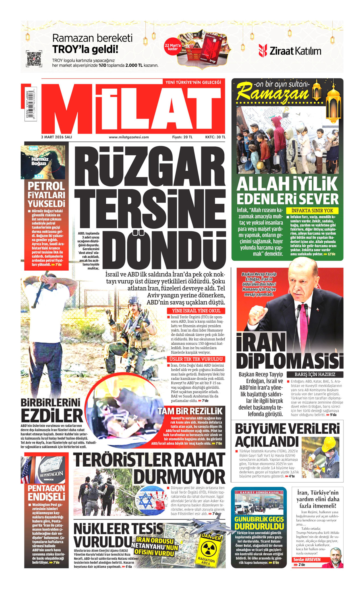 MİLAT gazetesinin 3 Mart 2026 tarihli birinci sayfası
