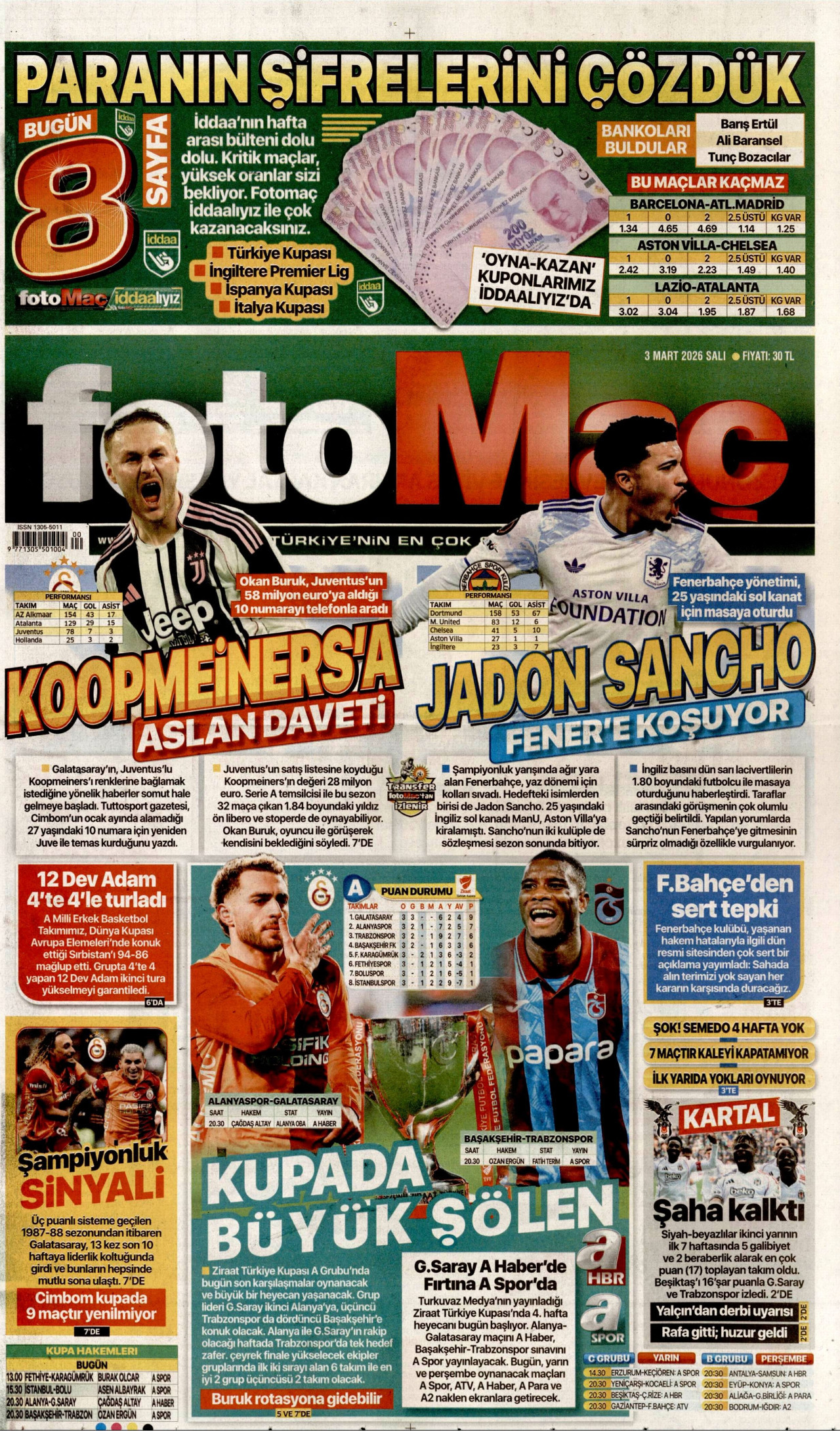 FOTOMAÇ gazetesinin 3 Mart 2026 tarihli birinci sayfası