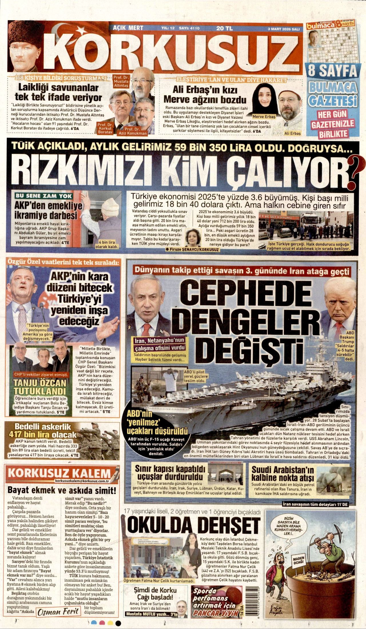 KORKUSUZ gazetesinin 3 Mart 2026 tarihli birinci sayfası
