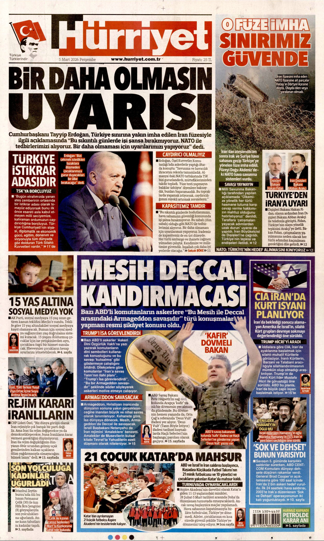 HÜRRİYET gazetesinin 5 Mart 2026 tarihli birinci sayfası