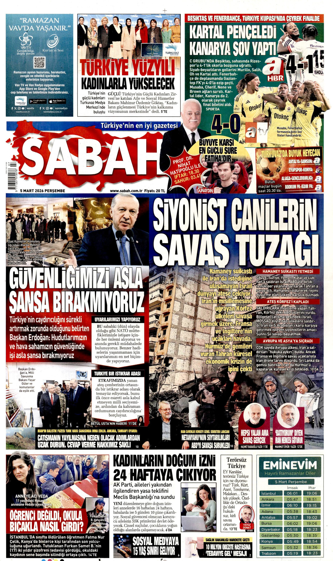 SABAH gazetesinin 5 Mart 2026 tarihli birinci sayfası