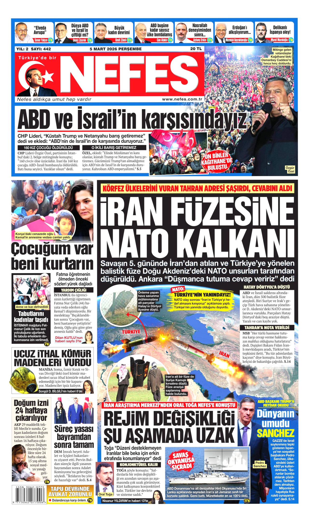 NEFES gazetesinin 5 Mart 2026 tarihli birinci sayfası