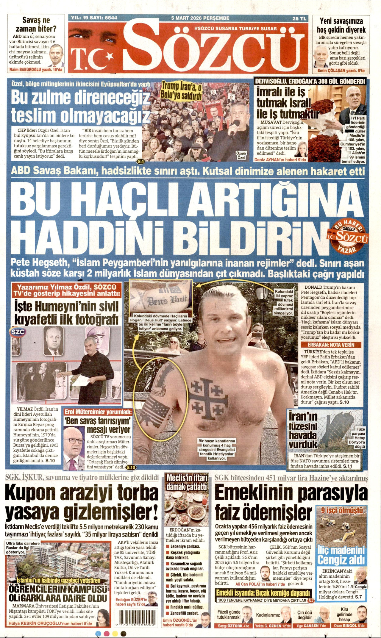 SÖZCÜ gazetesinin 5 Mart 2026 tarihli birinci sayfası