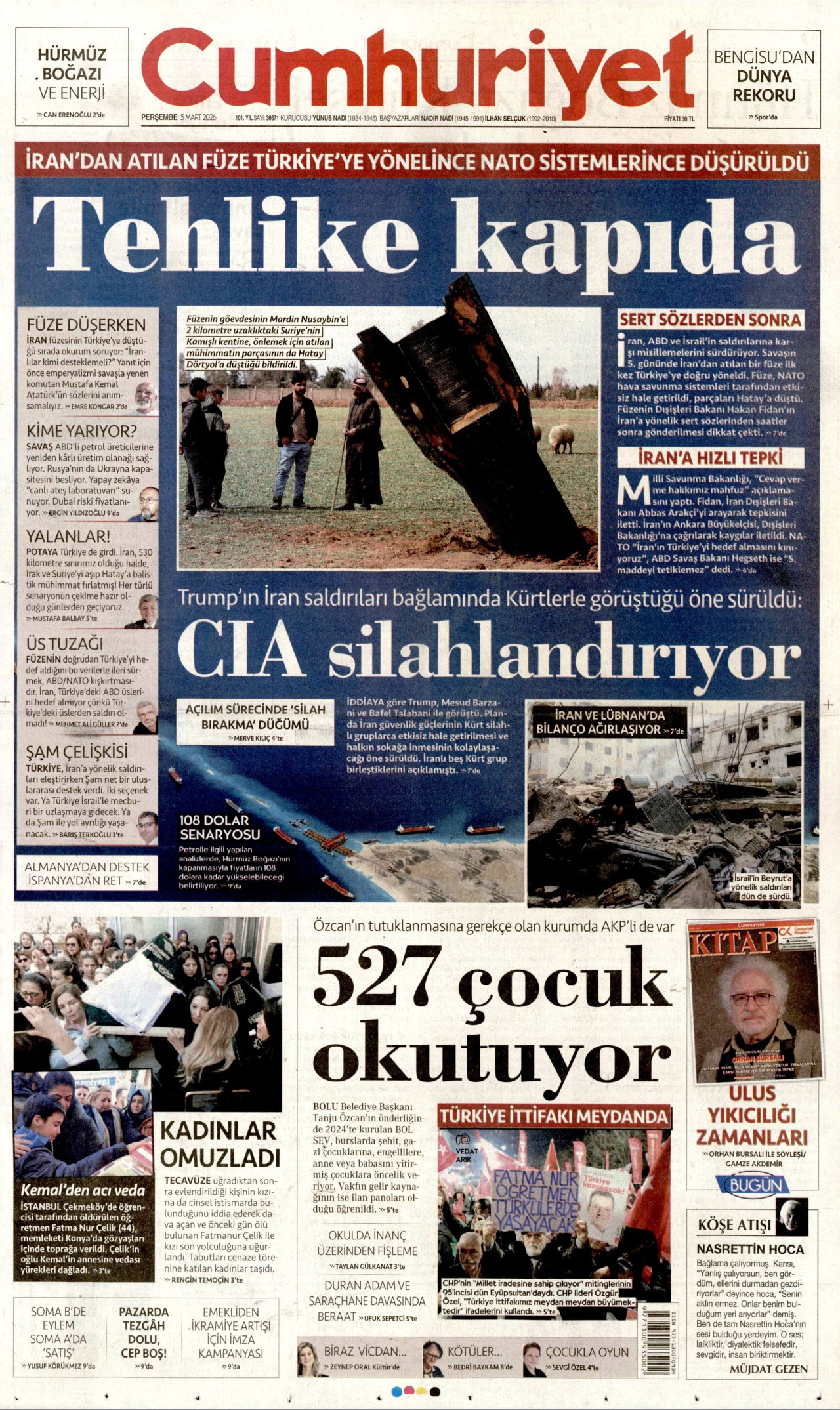 CUMHURİYET gazetesinin 5 Mart 2026 tarihli birinci sayfası
