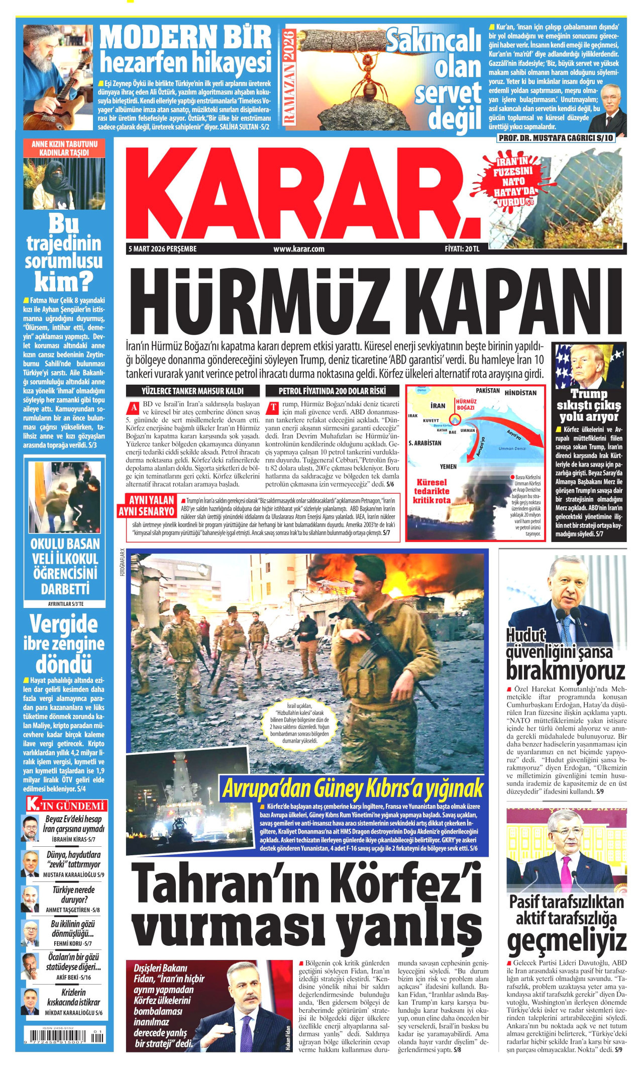 KARAR gazetesinin 5 Mart 2026 tarihli birinci sayfası