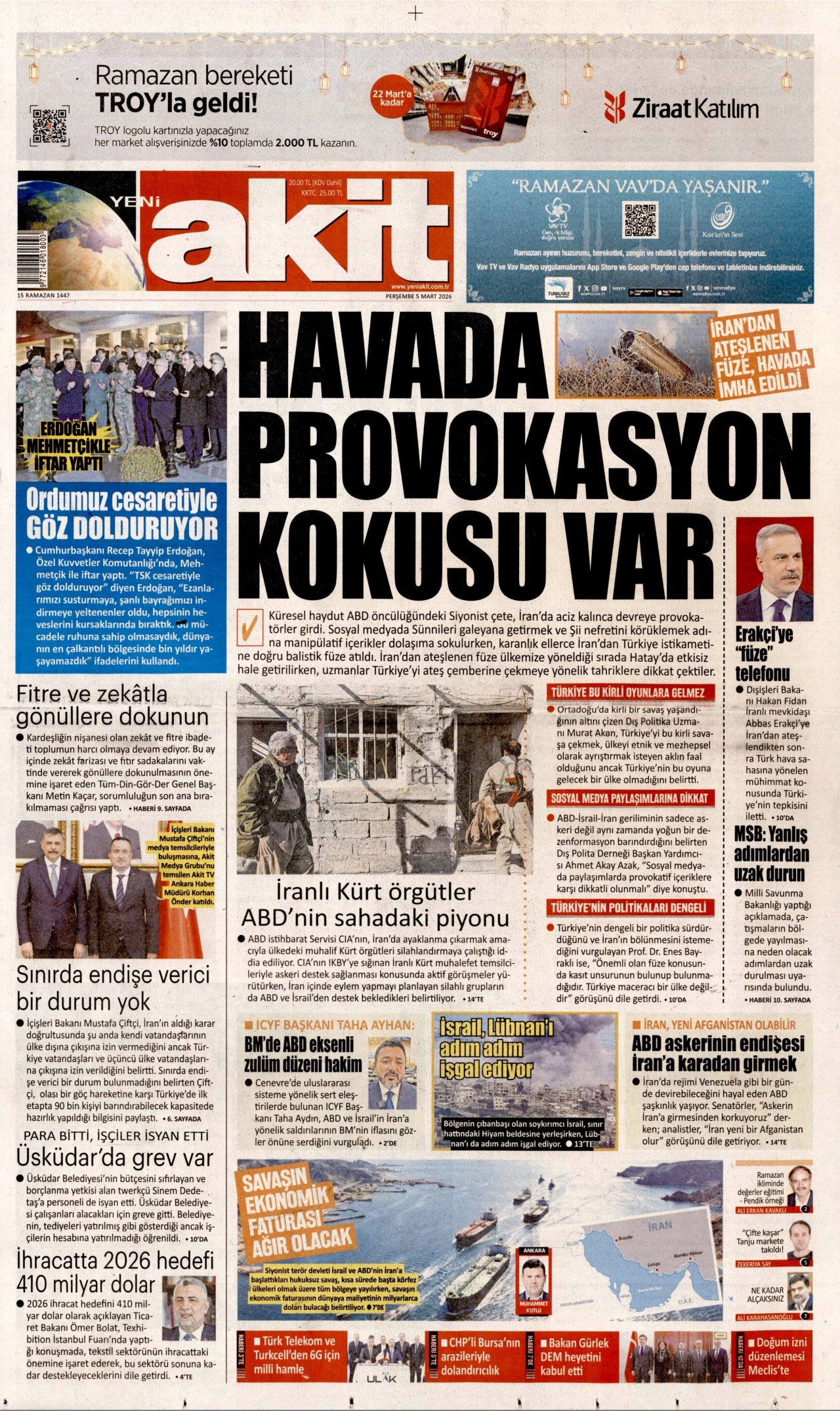 YENİ AKİT gazetesinin 5 Mart 2026 tarihli birinci sayfası