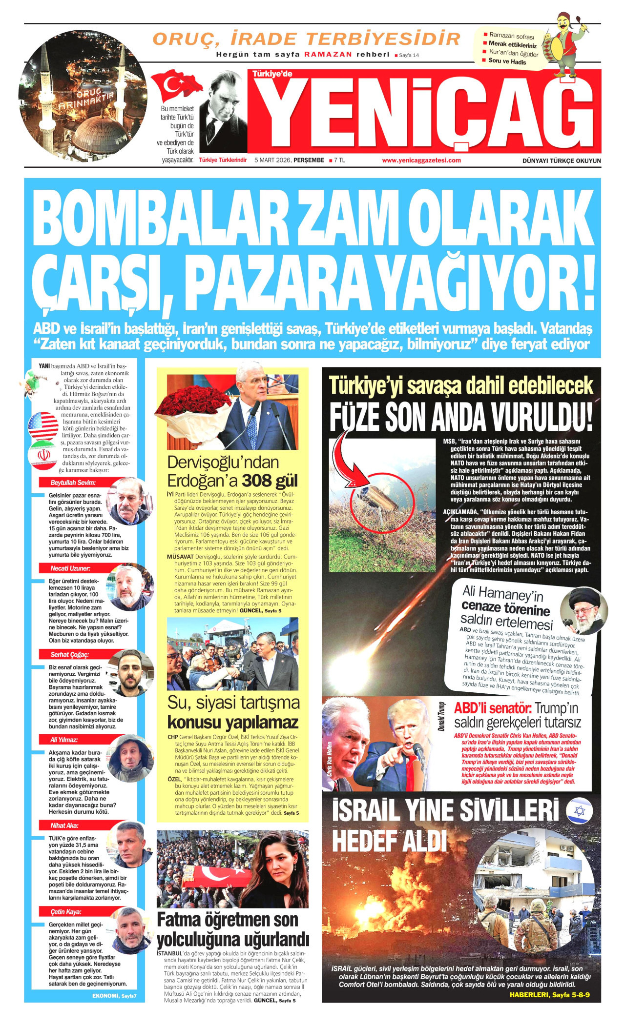 YENİÇAĞ gazetesinin 5 Mart 2026 tarihli birinci sayfası