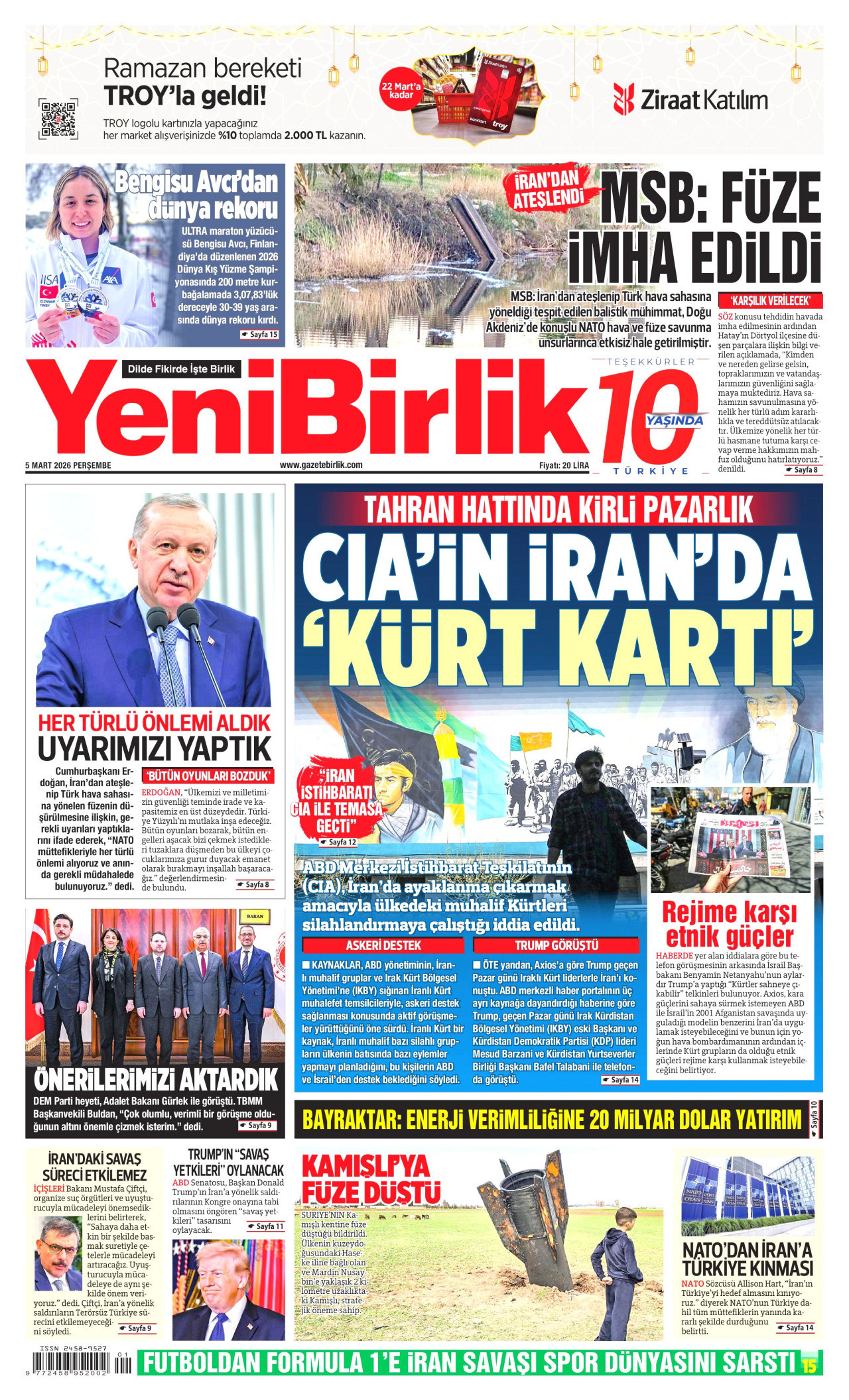 YENİBİRLİK gazetesinin 5 Mart 2026 tarihli birinci sayfası