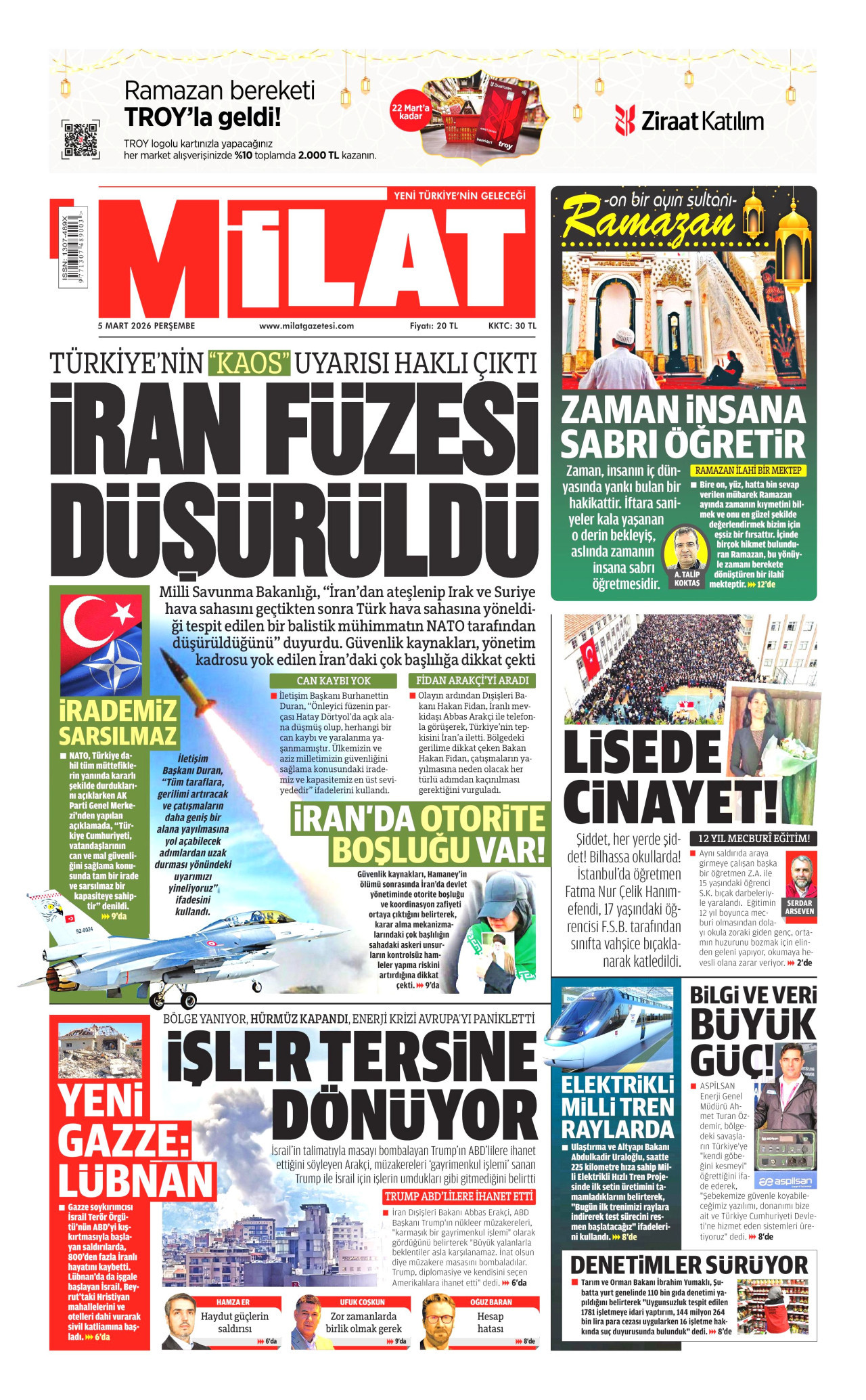 MİLAT gazetesinin 5 Mart 2026 tarihli birinci sayfası
