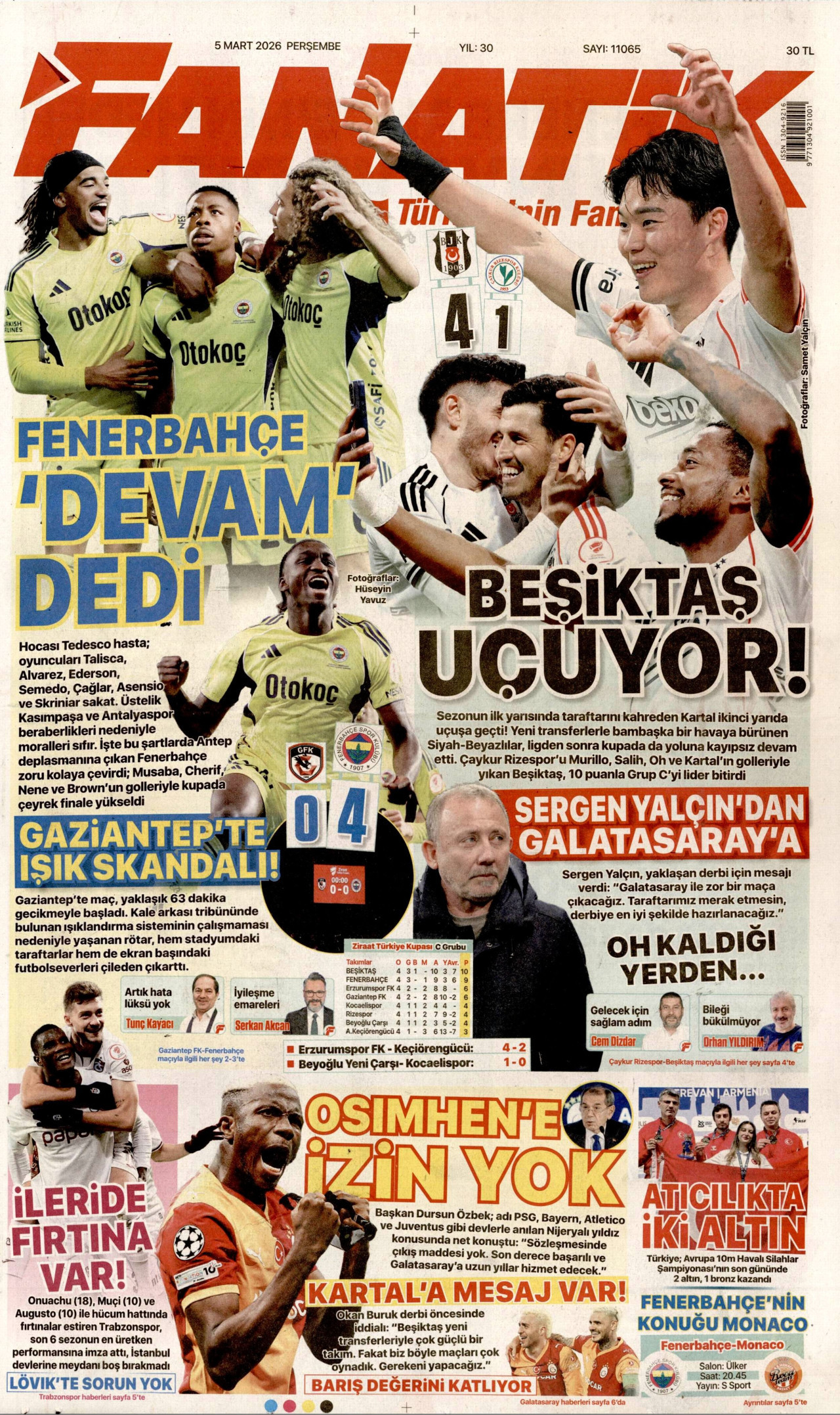 FANATİK gazetesinin 5 Mart 2026 tarihli birinci sayfası