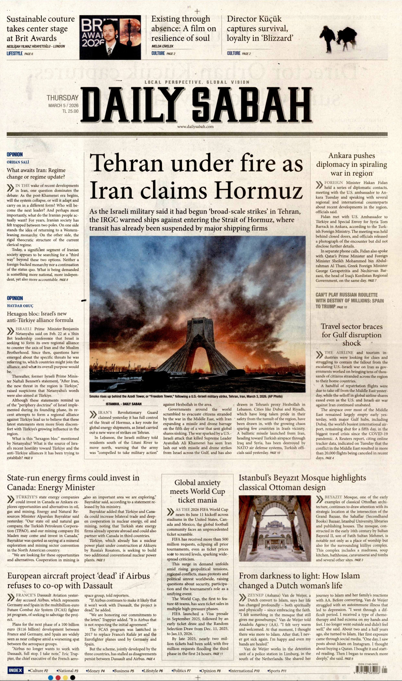 DAİLY SABAH gazetesinin 5 Mart 2026 tarihli birinci sayfası