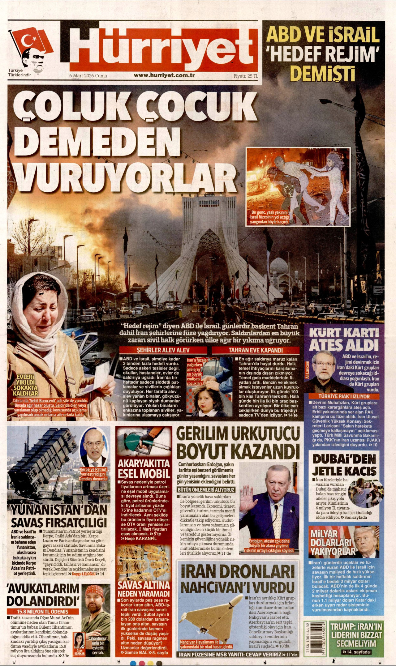 HÜRRİYET gazetesinin 6 Mart 2026 tarihli birinci sayfası