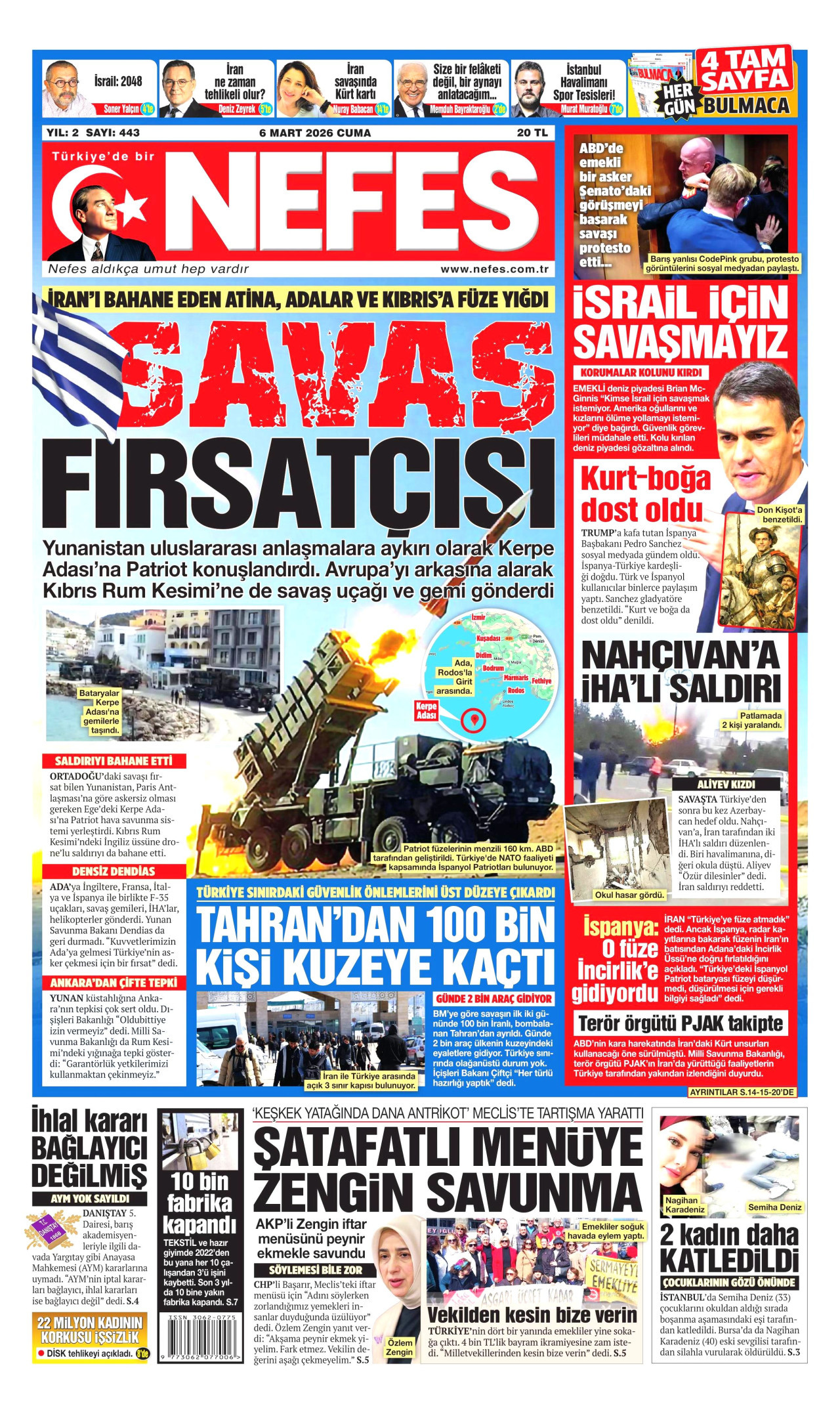 NEFES gazetesinin 6 Mart 2026 tarihli birinci sayfası