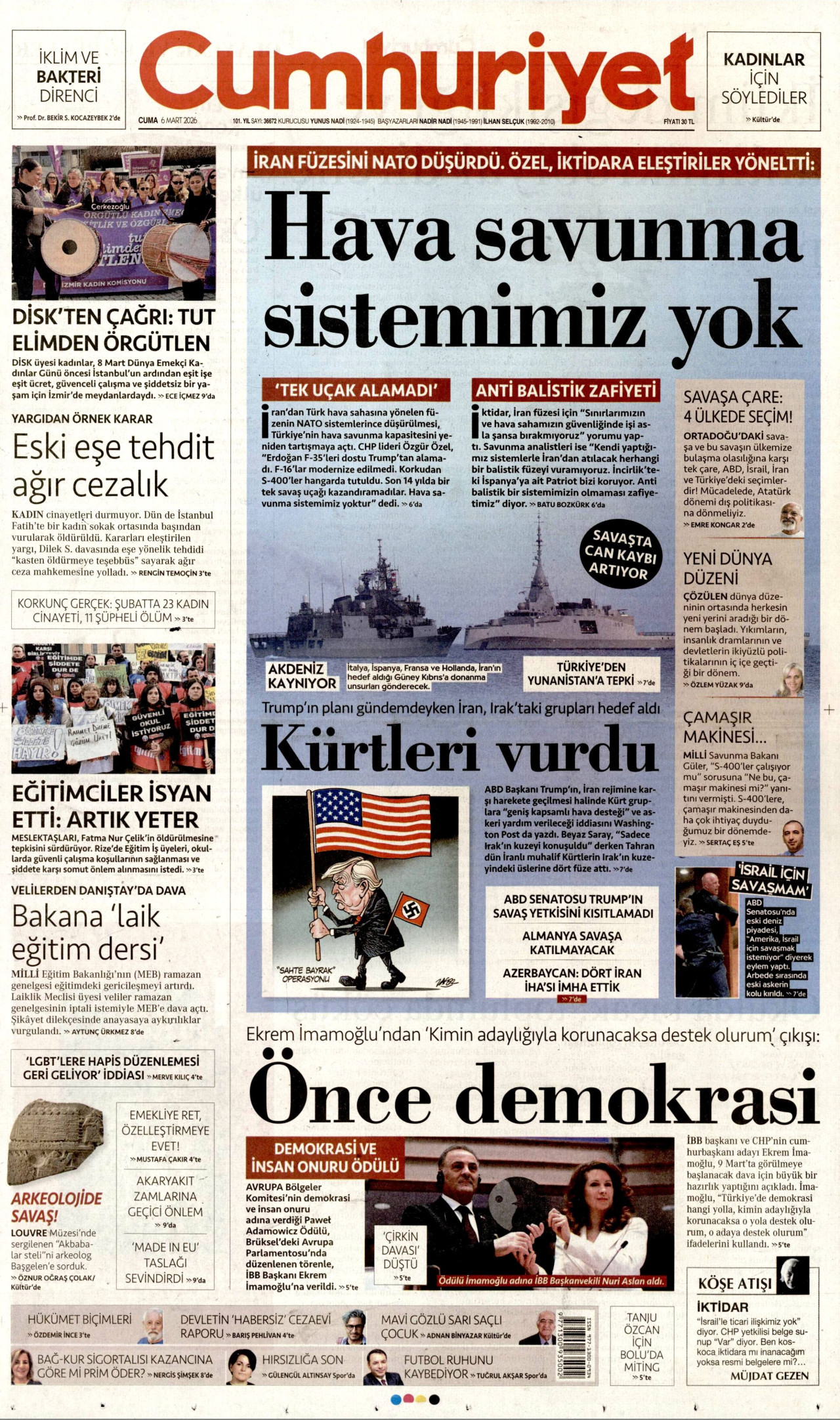 CUMHURİYET gazetesinin 6 Mart 2026 tarihli birinci sayfası