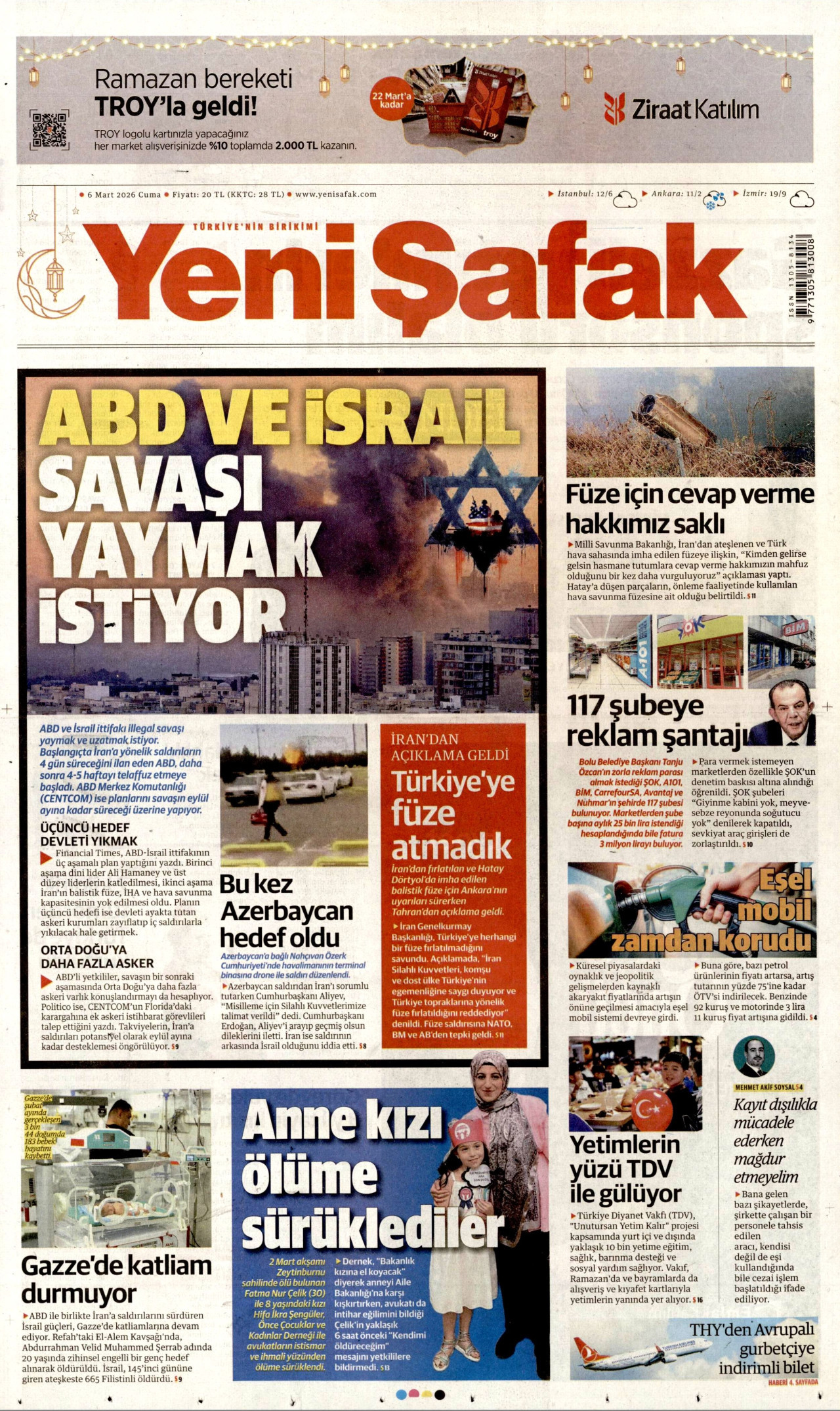 YENİ ŞAFAK gazetesinin 6 Mart 2026 tarihli birinci sayfası