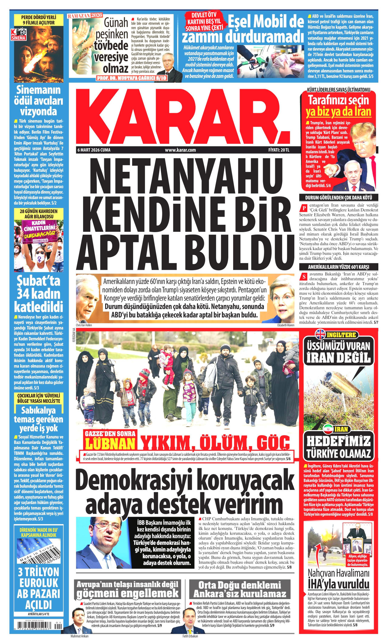 KARAR gazetesinin 6 Mart 2026 tarihli birinci sayfası
