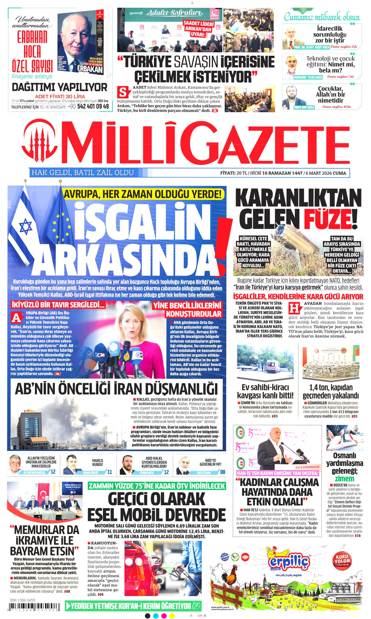 MİLLİ GAZETE gazetesinin 6 Mart 2026 tarihli birinci sayfası