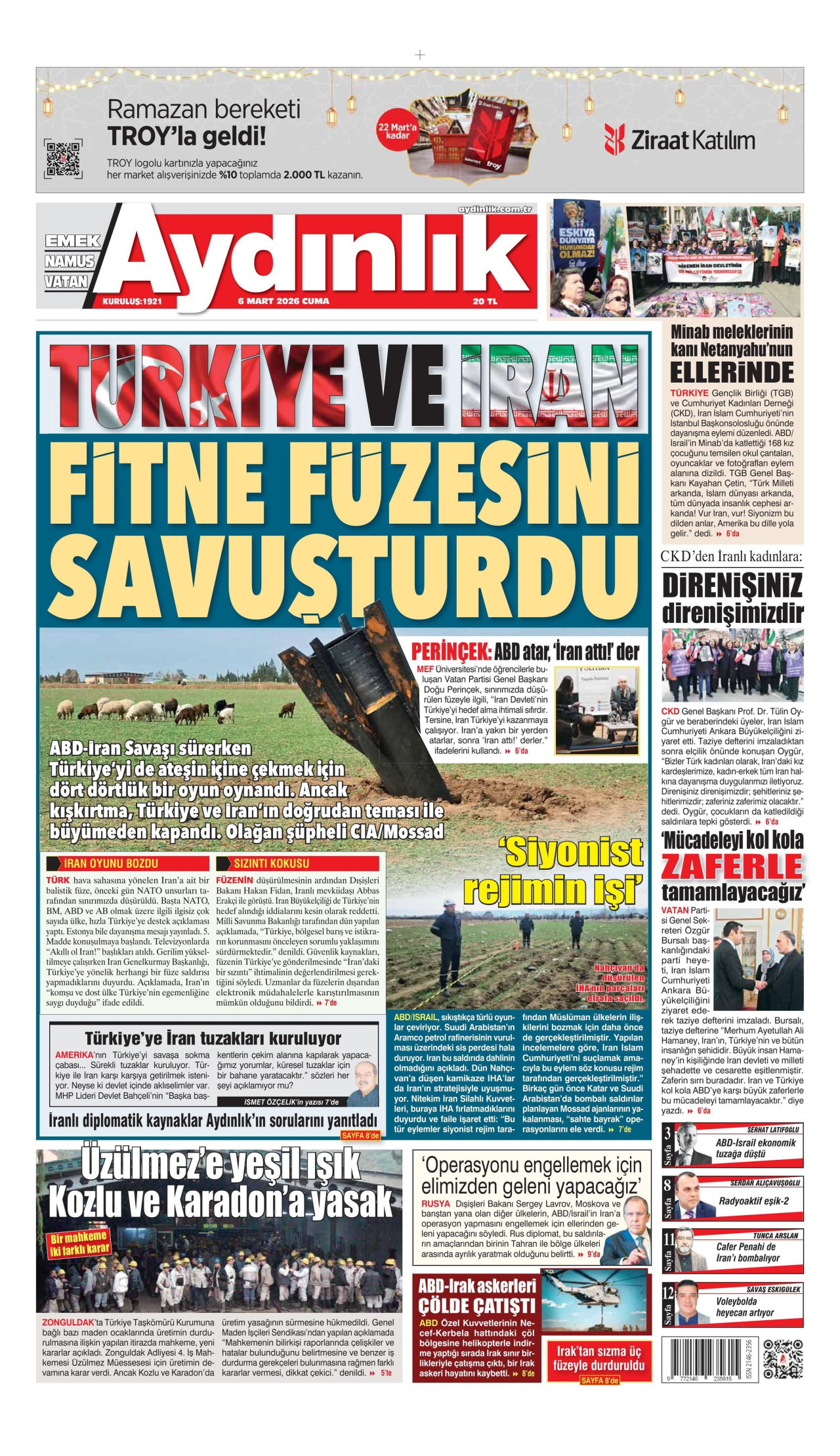AYDINLIK GAZETESİ gazetesinin 6 Mart 2026 tarihli birinci sayfası