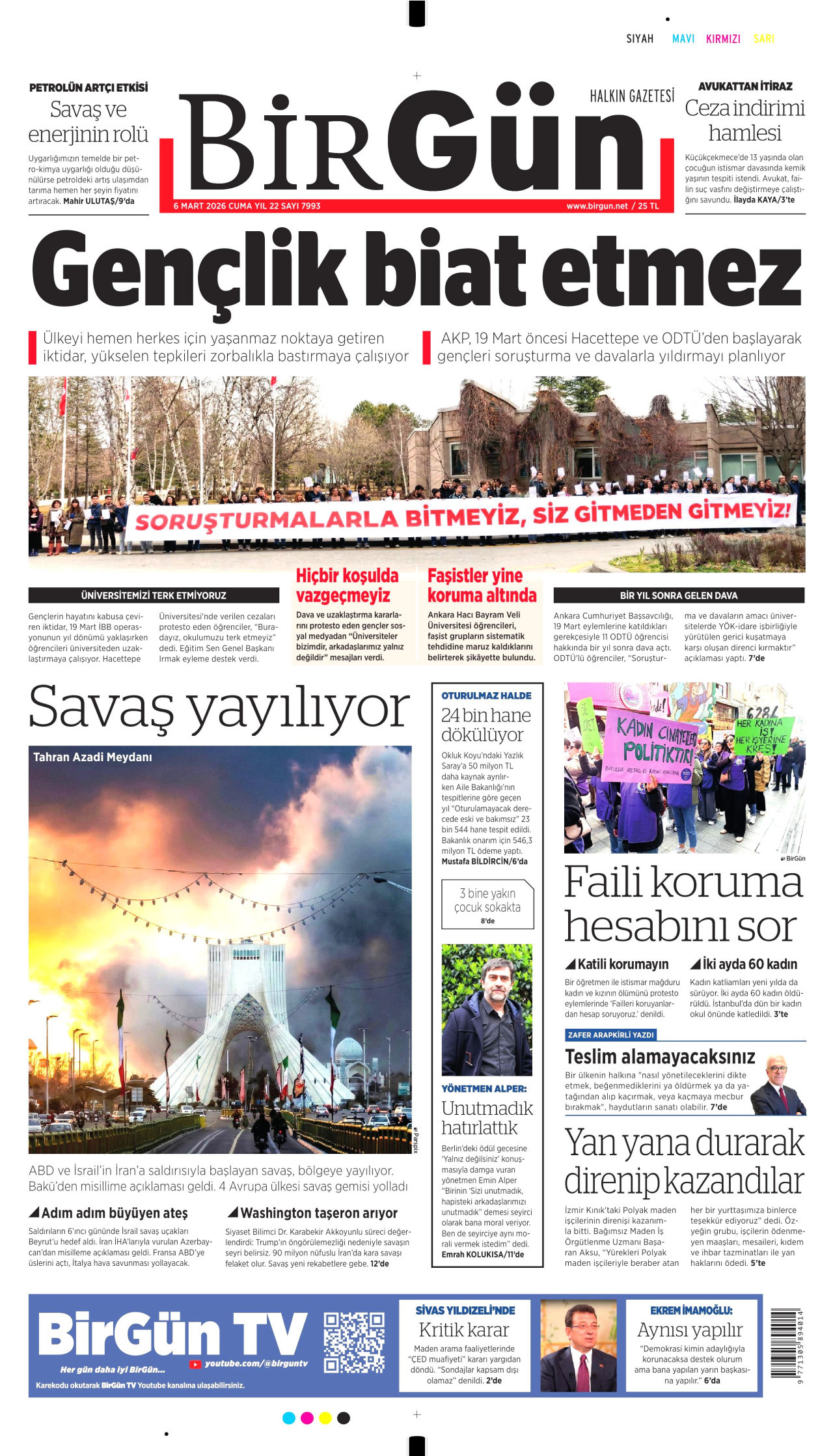 BİRGÜN gazetesinin 6 Mart 2026 tarihli birinci sayfası