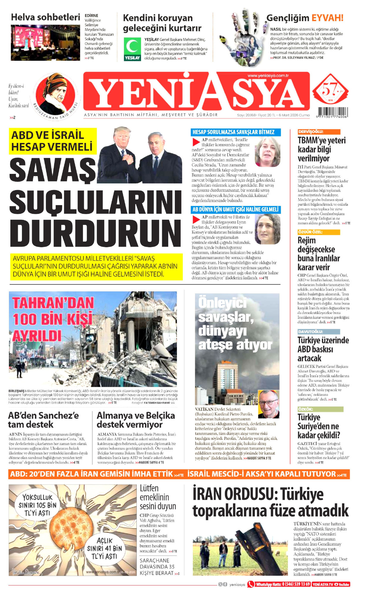 YENİ ASYA gazetesinin 6 Mart 2026 tarihli birinci sayfası