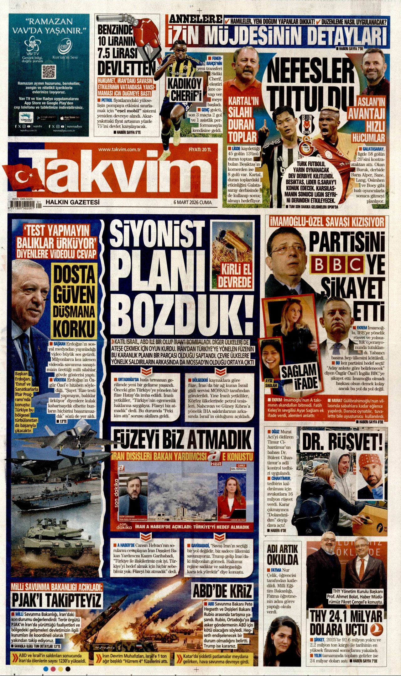TAKVİM gazetesinin 6 Mart 2026 tarihli birinci sayfası