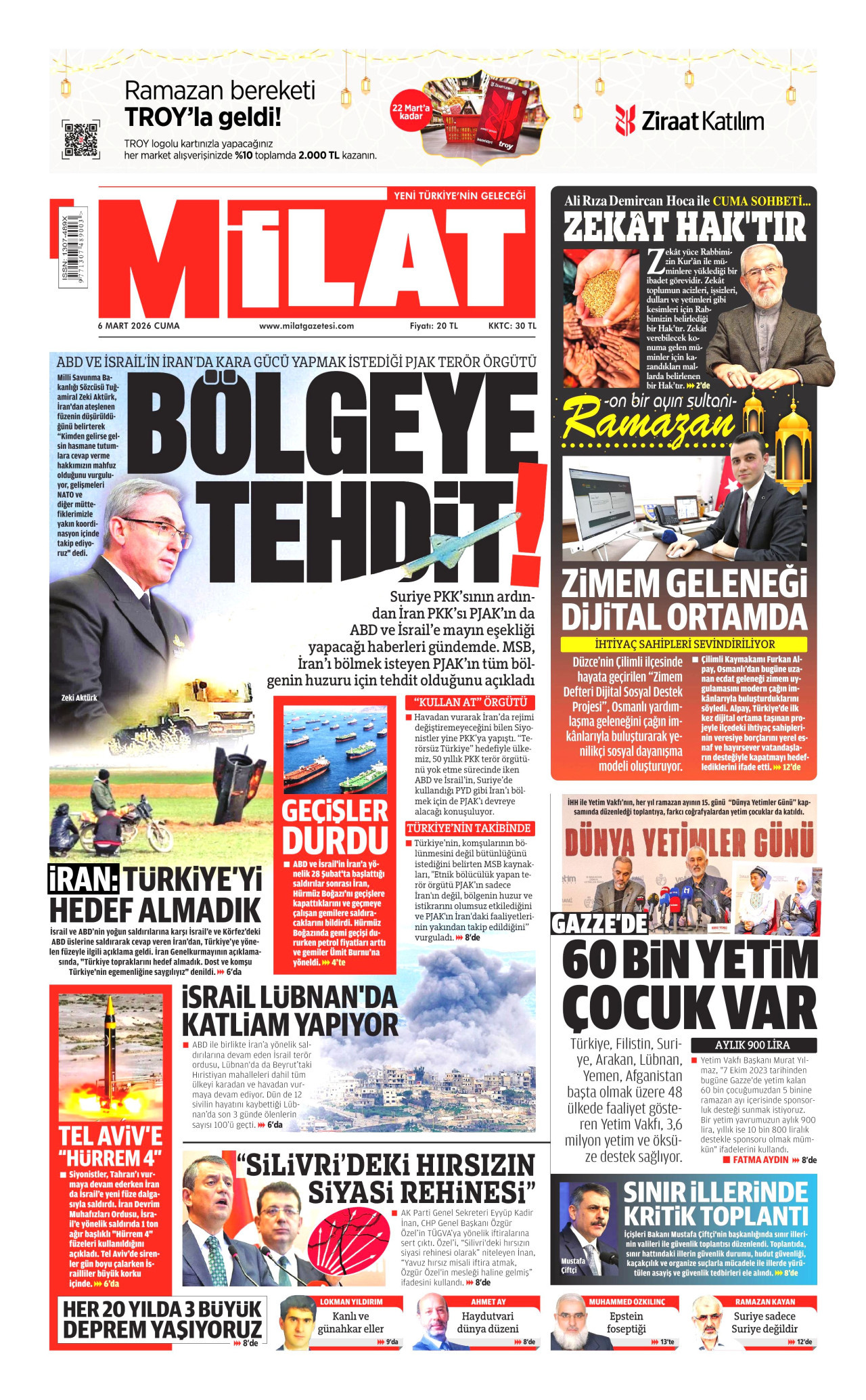 MİLAT gazetesinin 6 Mart 2026 tarihli birinci sayfası