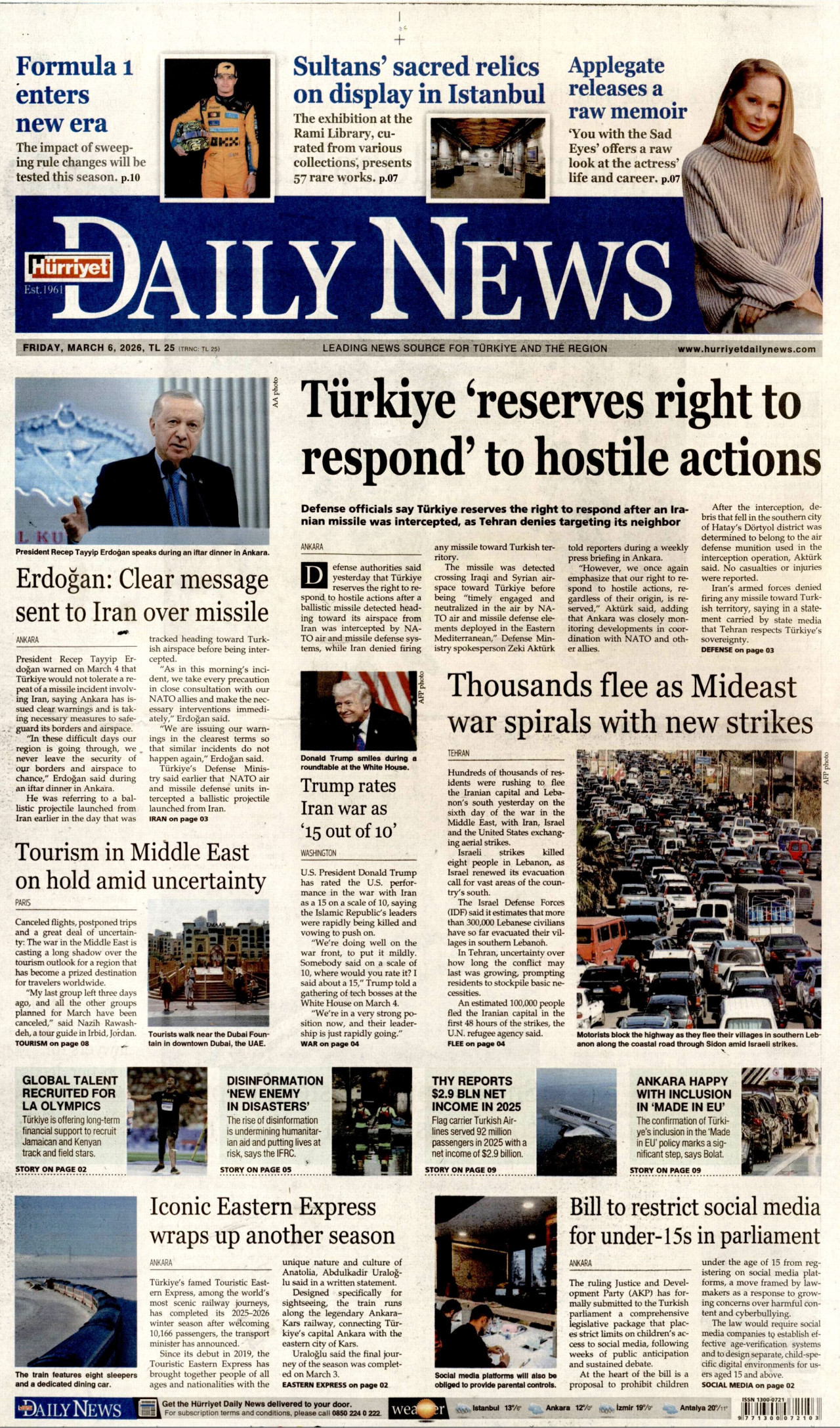 HÜRRİYET DAİLY NEWS gazetesinin 6 Mart 2026 tarihli birinci sayfası