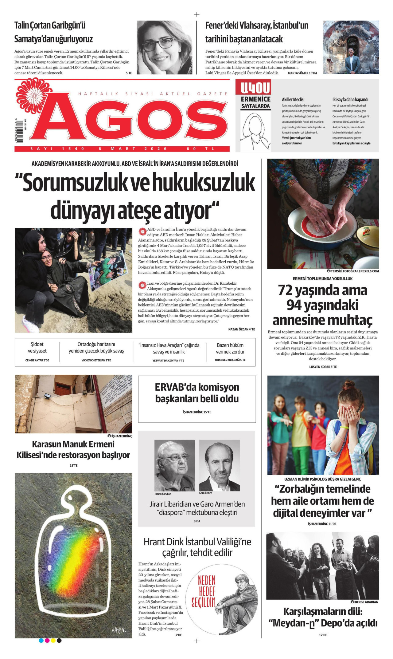 AGOS gazetesinin 6 Mart 2026 tarihli birinci sayfası