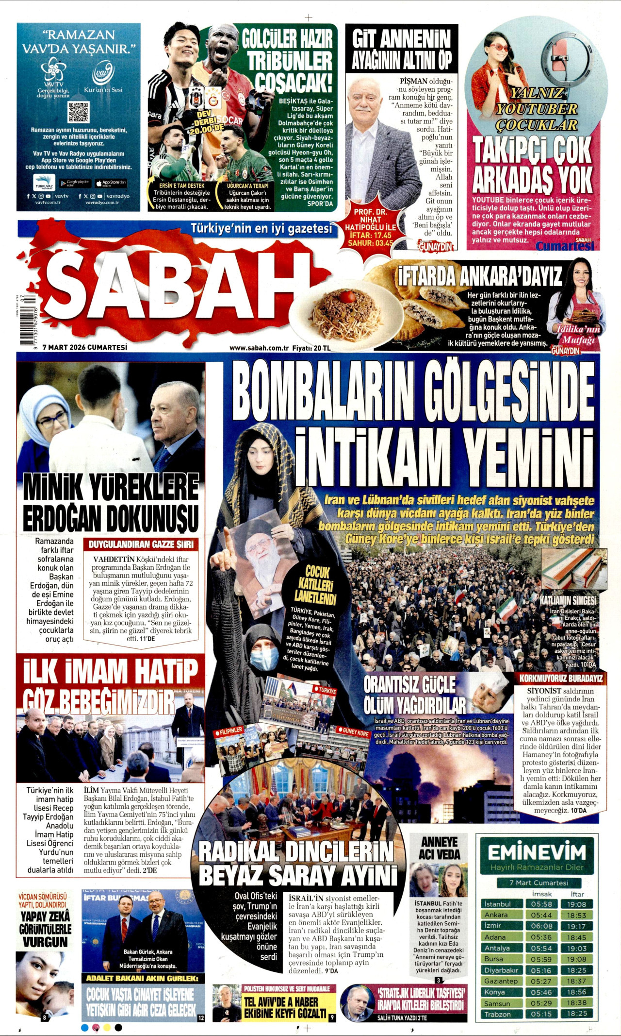 SABAH gazetesinin 7 Mart 2026 tarihli birinci sayfası