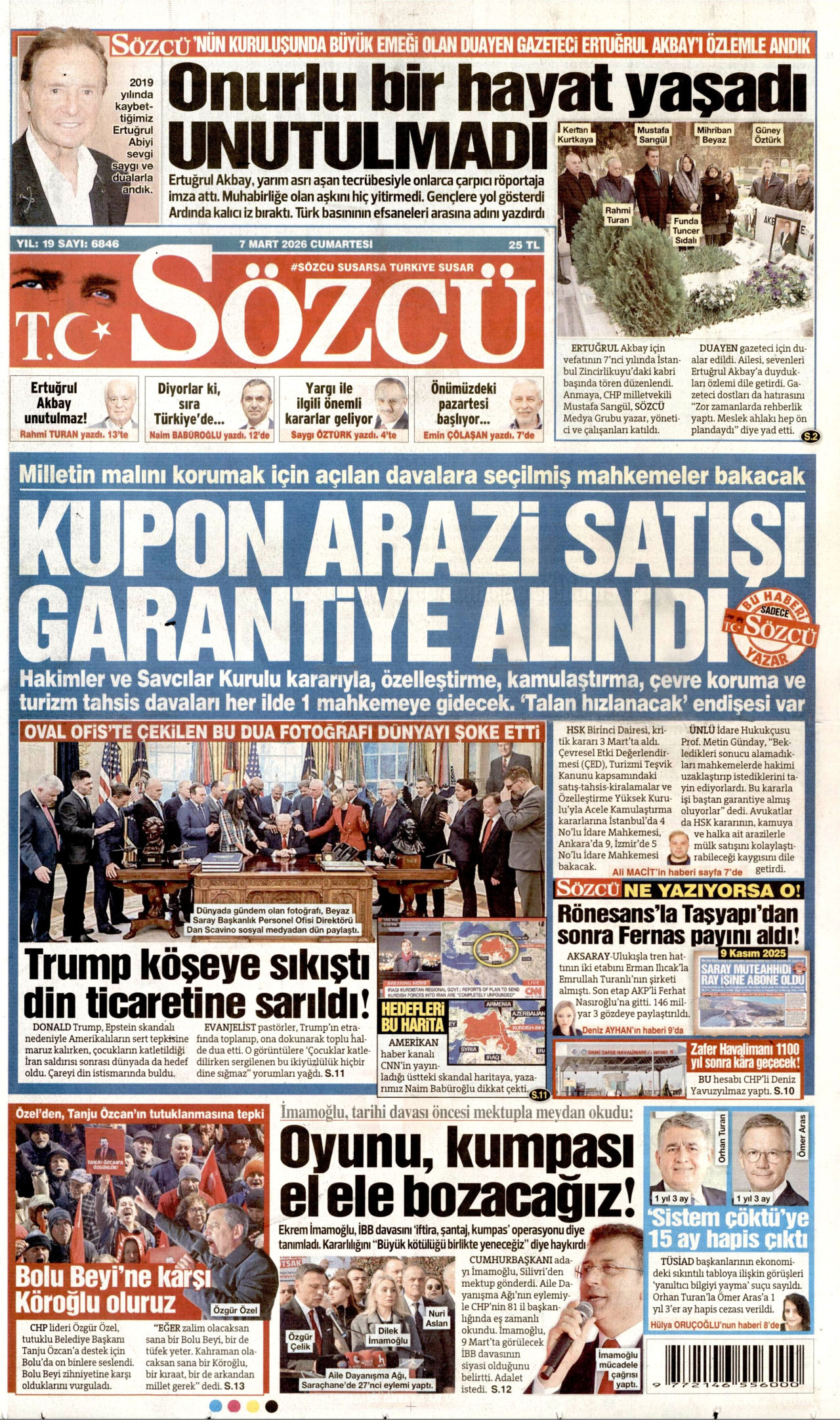 SÖZCÜ gazetesinin 7 Mart 2026 tarihli birinci sayfası