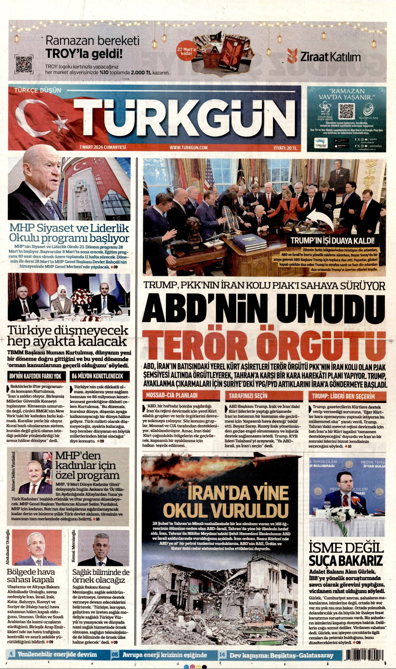 TÜRKGÜN gazetesinin 7 Mart 2026 tarihli birinci sayfası