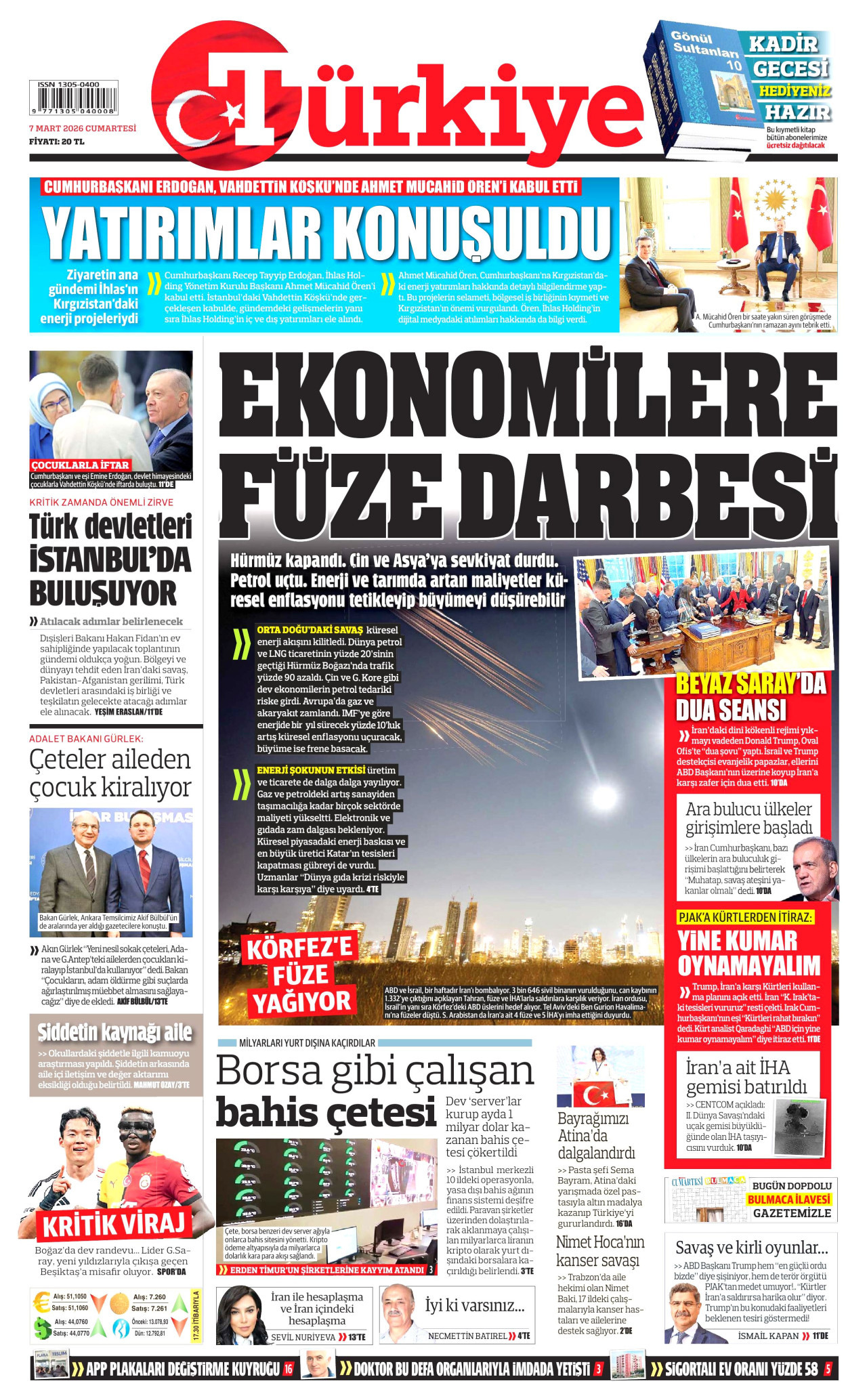 TÜRKİYE GAZETESİ gazetesinin 7 Mart 2026 tarihli birinci sayfası