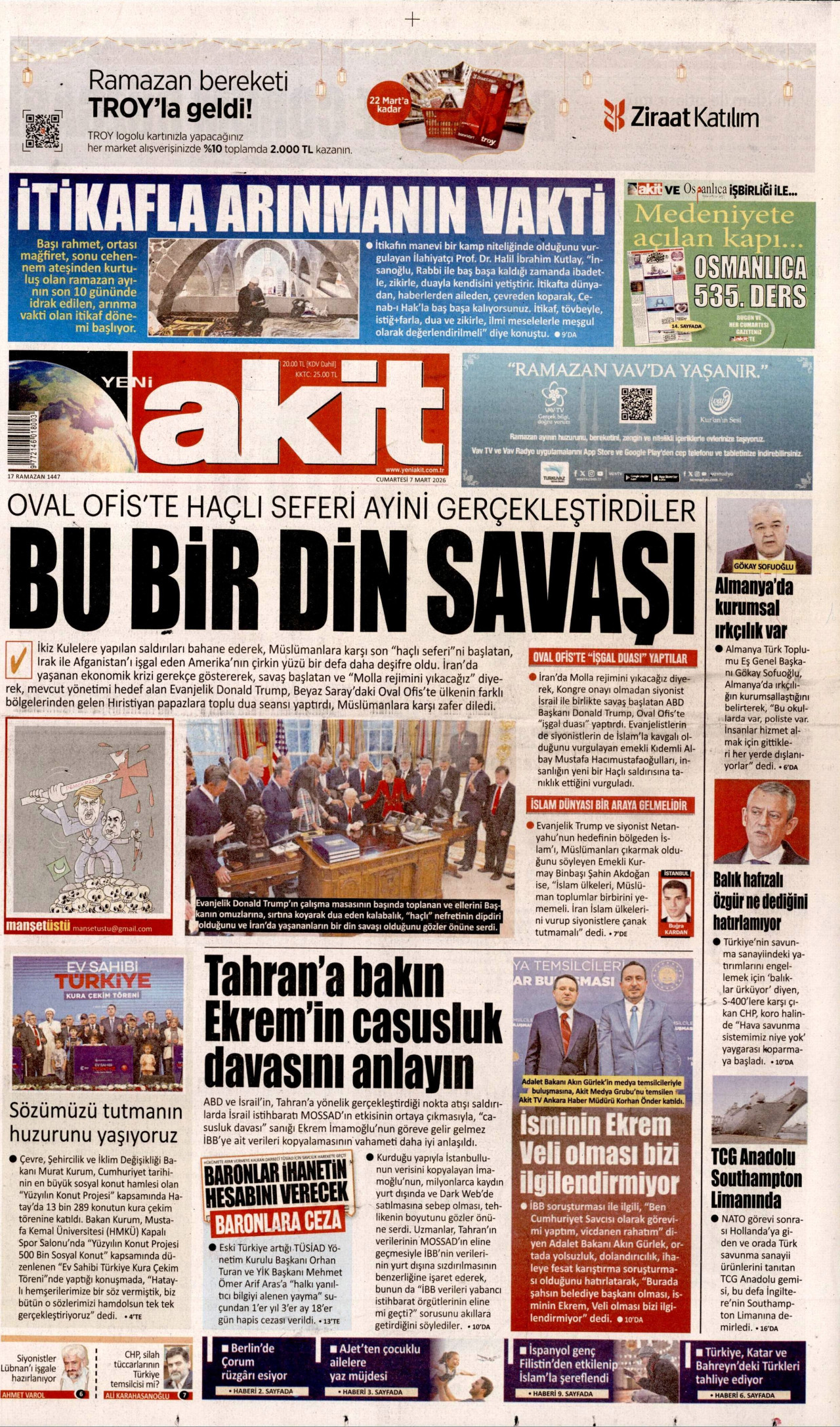 YENİ AKİT gazetesinin 7 Mart 2026 tarihli birinci sayfası