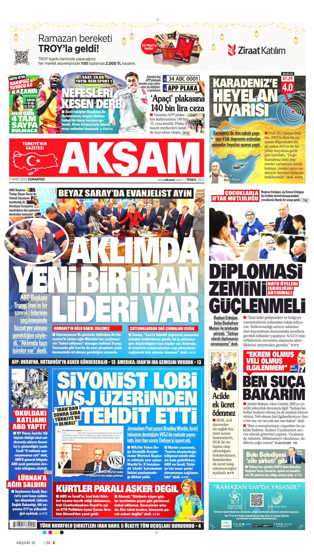 AKŞAM gazetesinin 7 Mart 2026 tarihli birinci sayfası