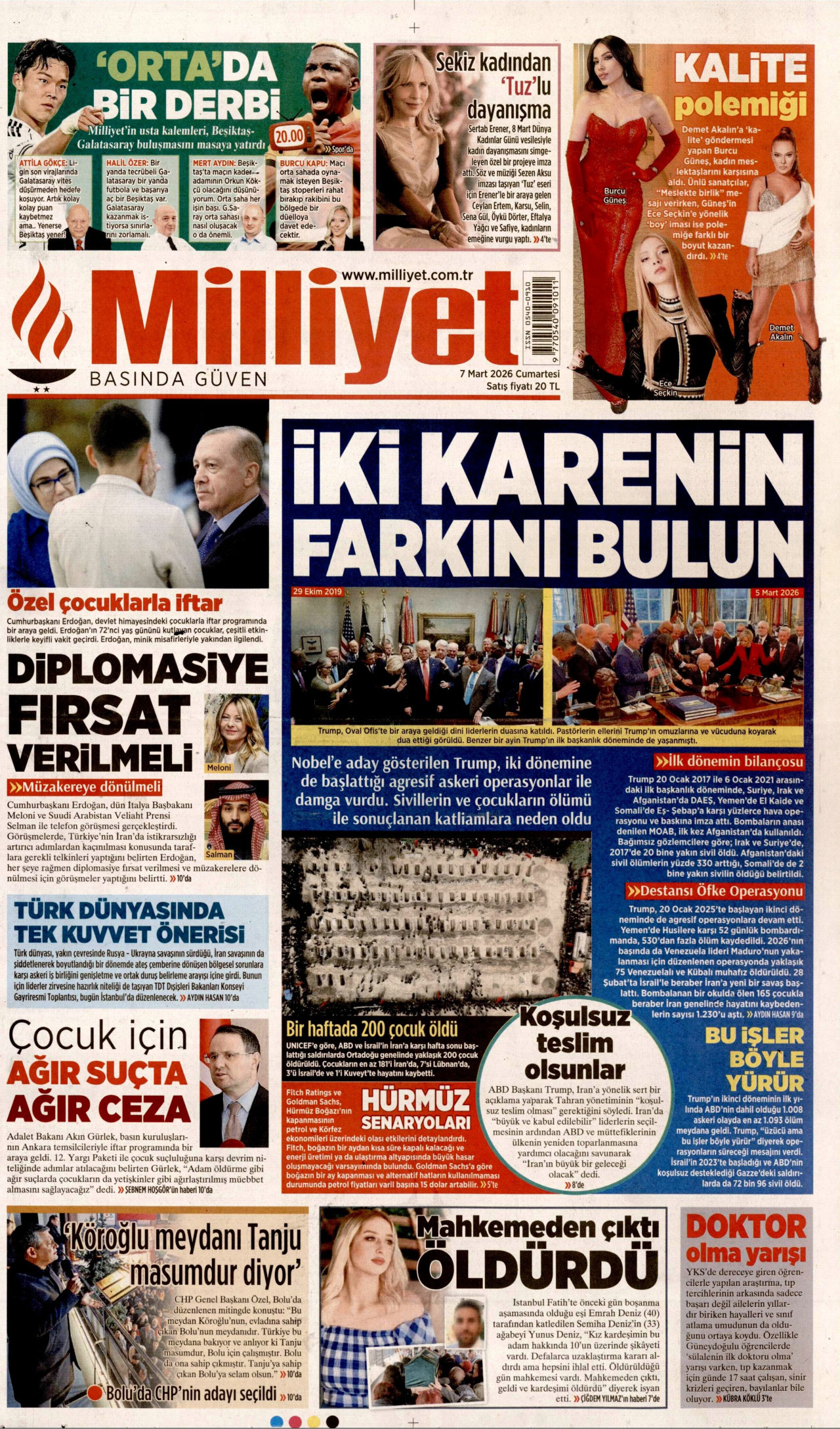 MİLLİYET gazetesinin 7 Mart 2026 tarihli birinci sayfası