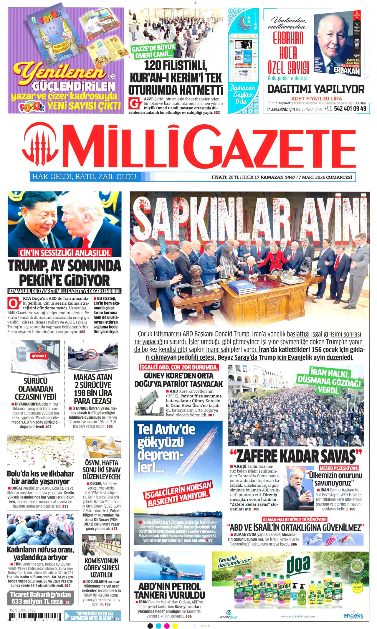 MİLLİ GAZETE gazetesinin 7 Mart 2026 tarihli birinci sayfası