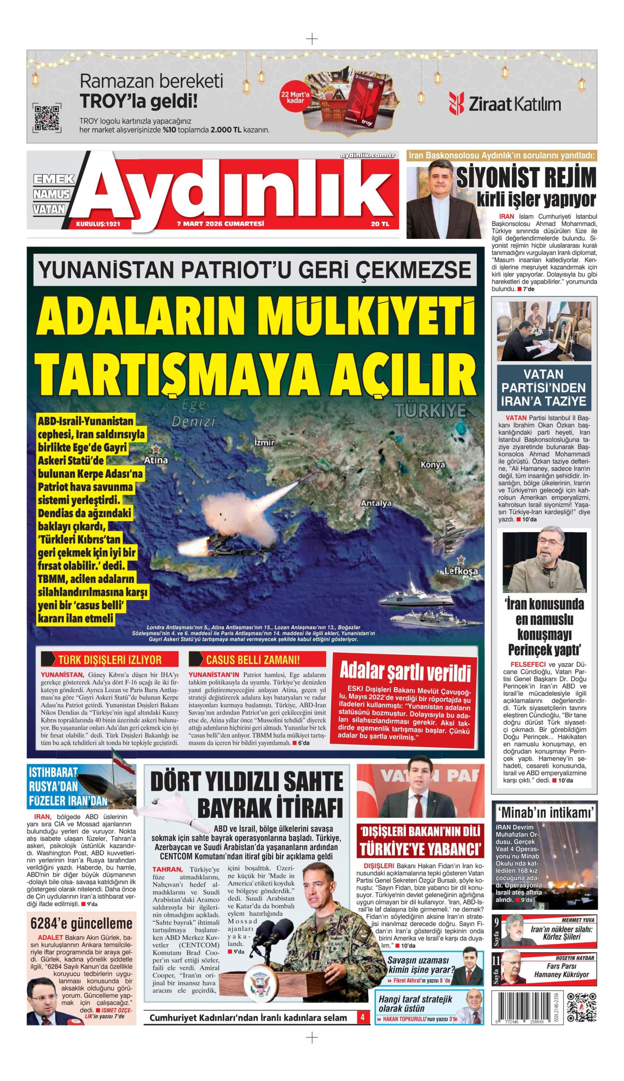 AYDINLIK GAZETESİ gazetesinin 7 Mart 2026 tarihli birinci sayfası
