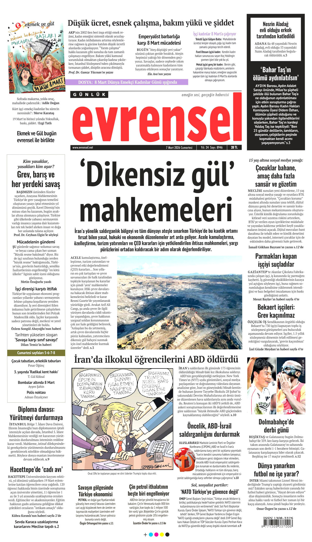 EVRENSEL gazetesinin 7 Mart 2026 tarihli birinci sayfası