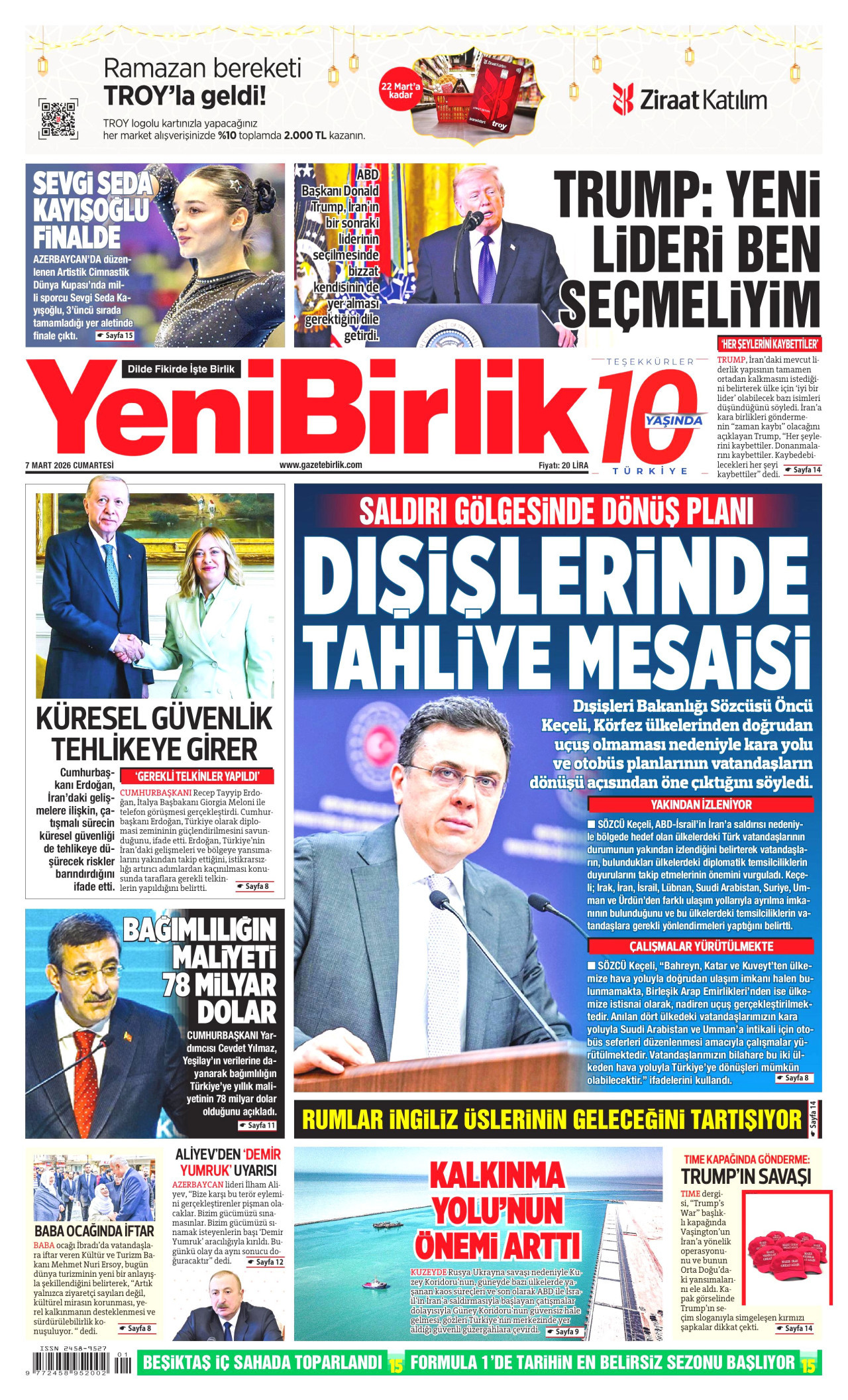 YENİBİRLİK gazetesinin 7 Mart 2026 tarihli birinci sayfası