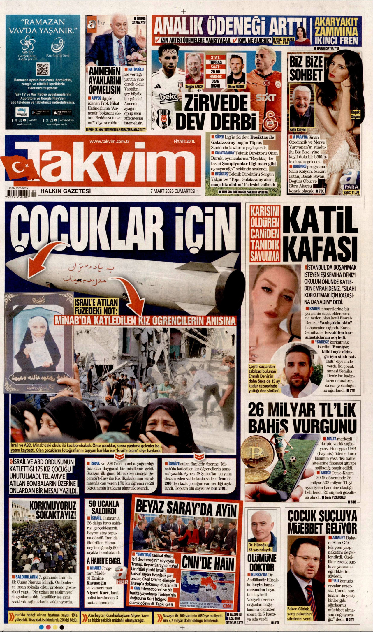 TAKVİM gazetesinin 7 Mart 2026 tarihli birinci sayfası